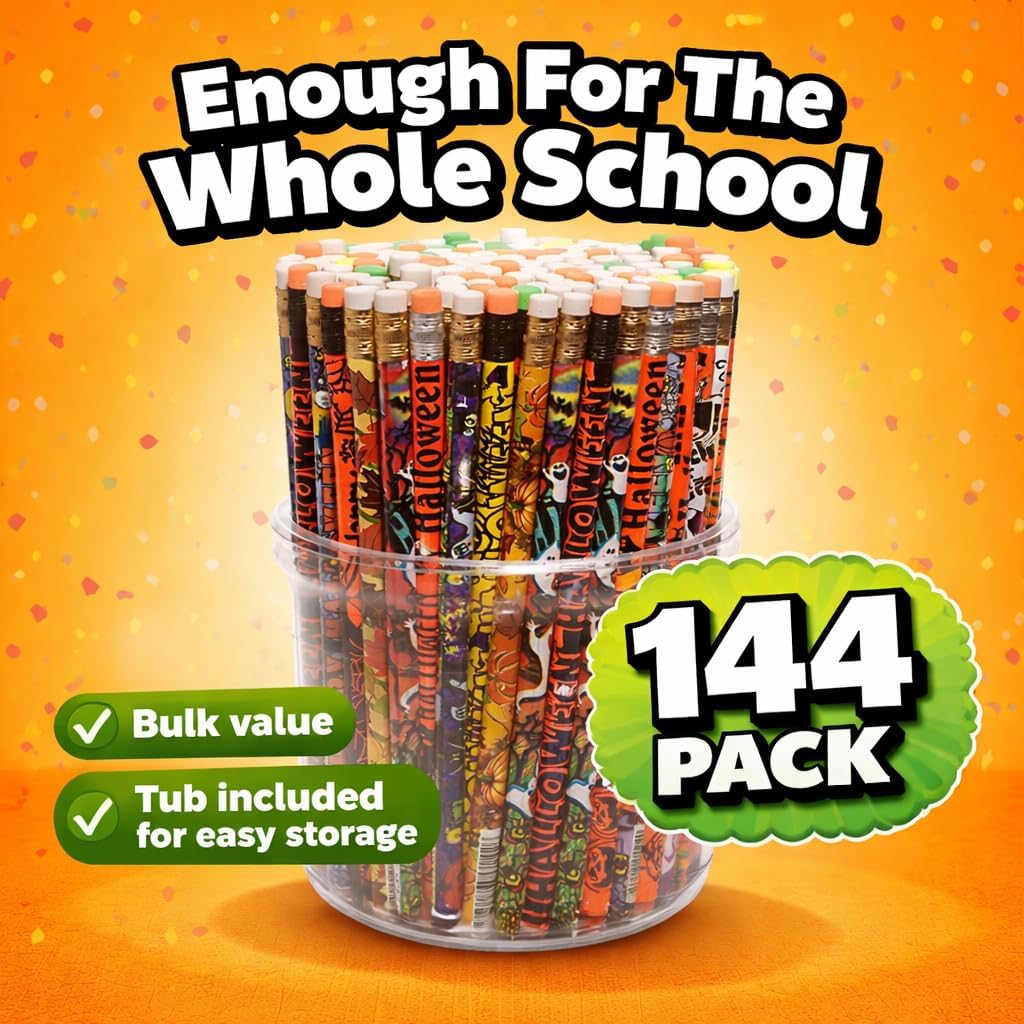 Anderson's Halloween Pencil Tub, #2 Pencils with Assorted Designs for Classroom Rewards, School Stores, Party Favors, Fall Events, Teacher Incentives, and Student Giveaways, 144 Pack