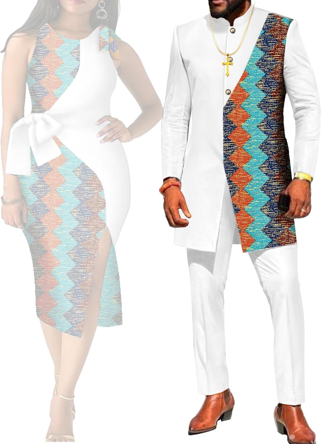 African Suits for Couples Women Kente Print Cotton Patchwork Dress or Dashiki Men Suit Top and Pants