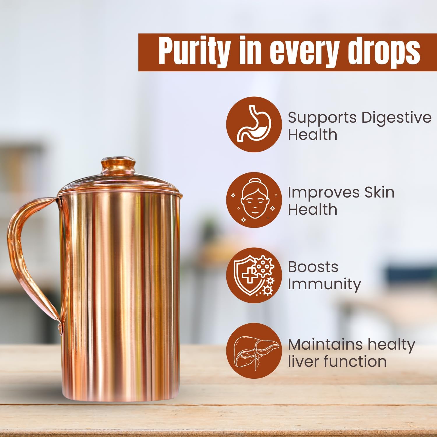 Copper Pitcher with Lid - 1500ml/50 Oz Pure Copper Handmade Jug | Smooth Finish, Boost Hydration, Support Sugar Intake Control & Health Benefits