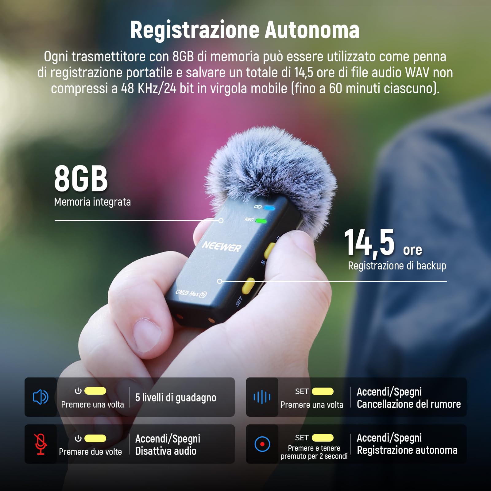 NEEWER CM28 Max Microfono Lavalier Wireless a Bavero con Custodia di Ricarica, Non Compresso 48KHz 24Bit 8GB, 25H di Registrazione Video, Anti Rumore, Mini Mic per iPhone iPad Android Fotocamera PC