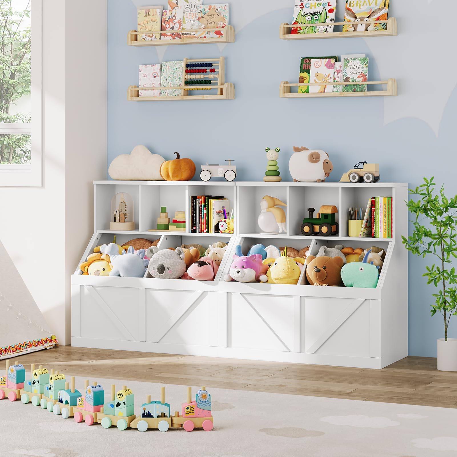 IDEALHOUSE 2er-Set Kinder-Bücherregal Mit Spielzeugaufbewahrung - Holz-Organizer Mit Offenen Cubby-Fächern Und Stoffboxen Fürs Kinderzimmer, Spielzimmer Und Kita