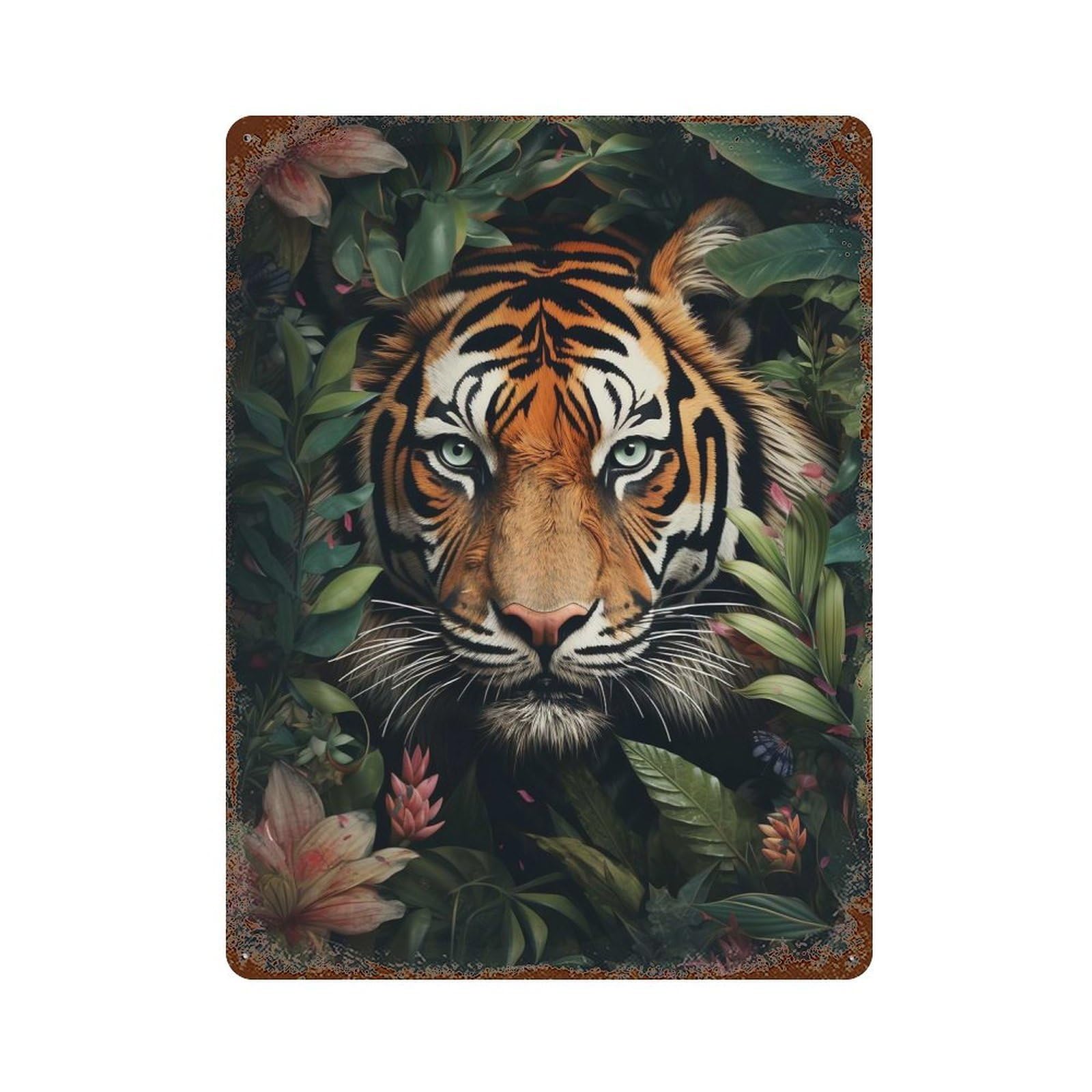 Tiger Flowers Vintage Metal Tin Sign 15.7"x11.8", Ideal for Living Room, Hallway And Home Decor