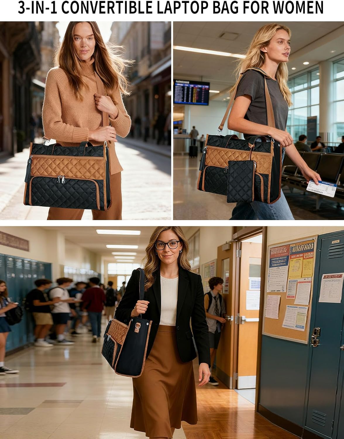 Rexmore Puffer Lunch Tote Bag for Women with Insulated Compartment & 15.6" Laptop Sleeve, 2 in 1 Quilted Computer Purse with Cup Holder for Work, College, Travel(Black-Brown) - Image 4