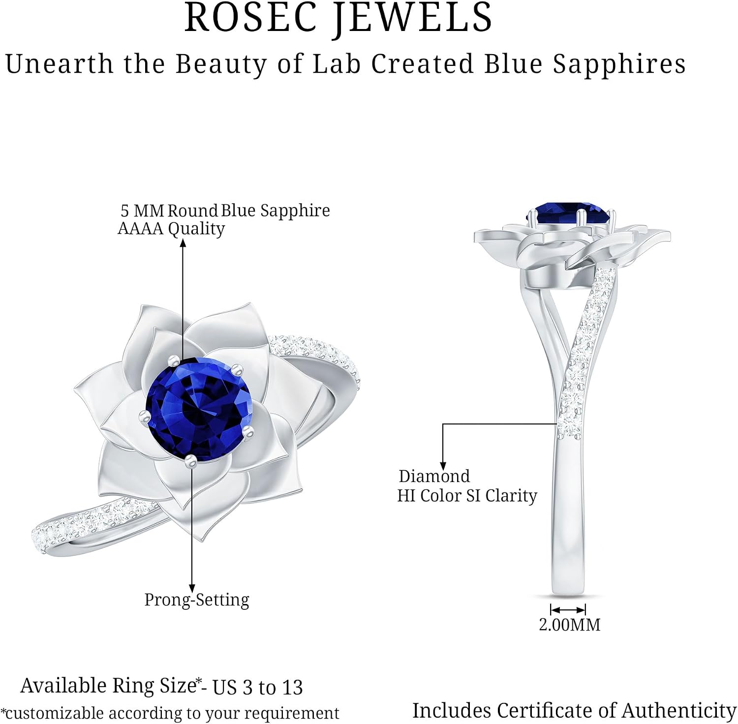 Certified Lab Grown Blue Sapphire Rose Flower Engagement Ring, Aaaa Quality, Blue Sapphire Diamond Ring (Ideal for Gift)
