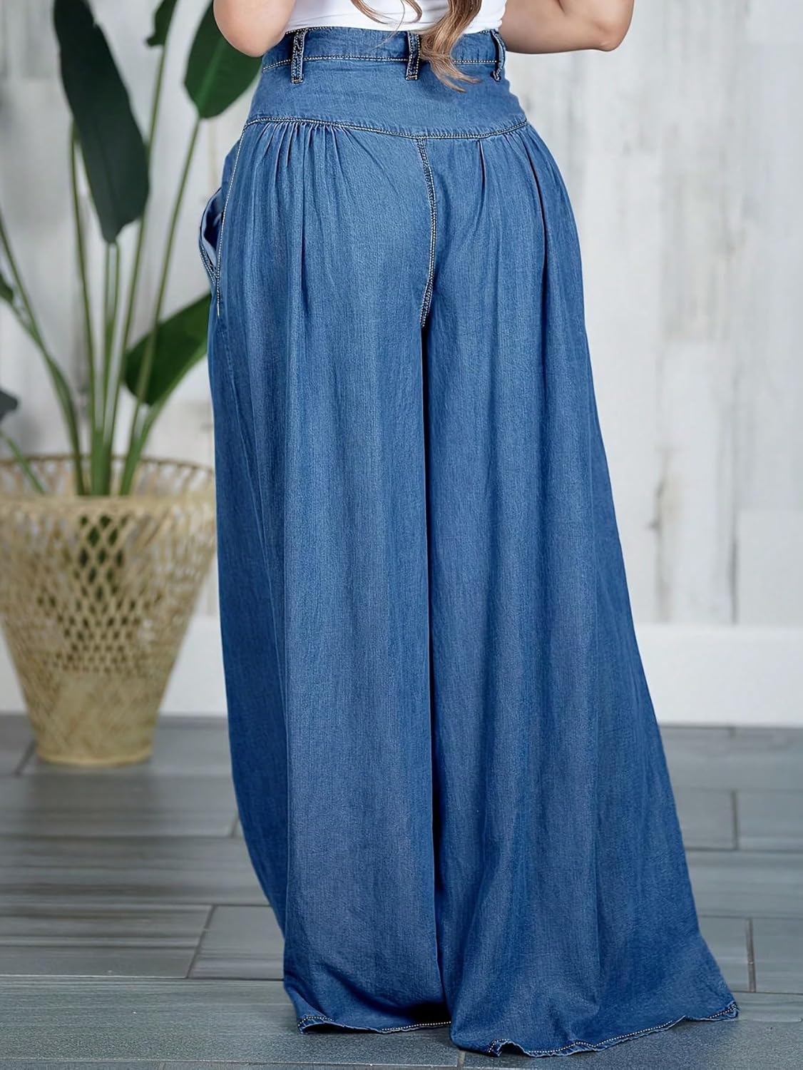 Women's High Waisted Pleated Wide Leg Jeans Flowy Palazzo Loose Fit Vintage Style Boho Chic Denim Pants - Image 3