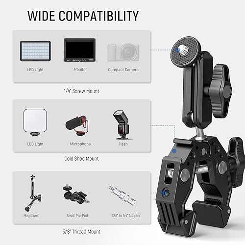 Miniatura 6 de NEEWER Super Clamp con brazo mágico de cabeza esférica doble de 3 pulgadas, zapata fría, roscas de 14 pulgadas, adaptador de montaje de cámara de