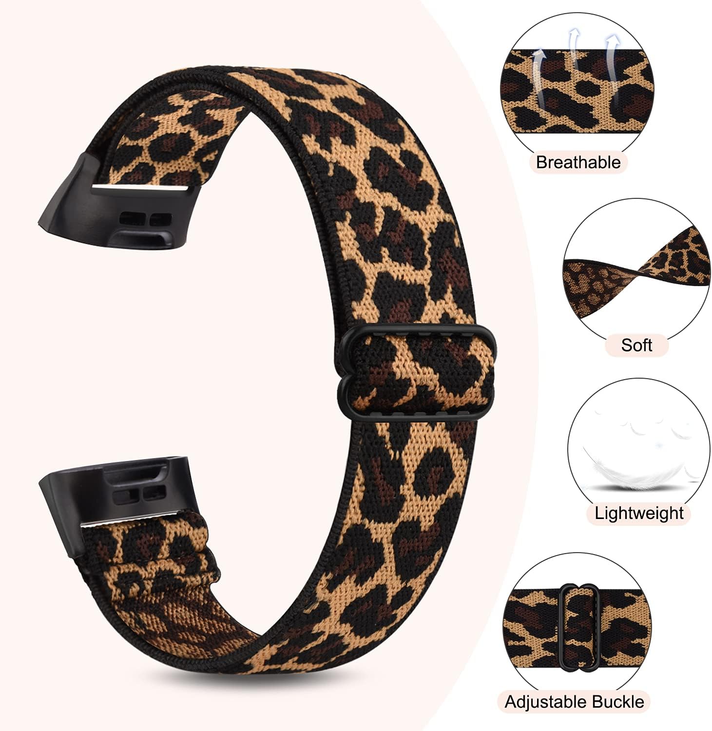 Pack 2 Elastic Bands for Fitbit Charge 4 / Fitbit Charge 3 / Charge 3 SE, Stretch Breathable Nylon Sport Wristbands Replacement for Fitbit Charge 4/Charge 3 for Women Men (Leopard+Black Gray)