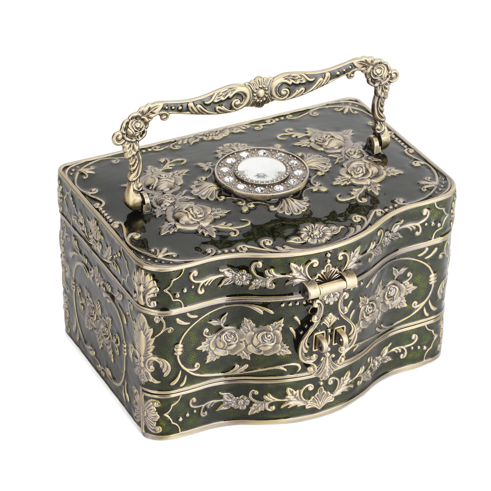 Pudełko biżuterię w Stylu Vintage, Retro 3-warstwowe Metalowe Pudełko Pamiątki Stopu Cynku Grawerem Kwiatowym i Lustrem Pierścionki, Kolczyki, Naszyjniki 7,09x5,12x4,13 (Miedziana antyczna