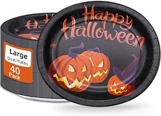 40 Pack Oval Halloween Plates 12 x 10 Inch Halloween Paper Plates Heavy Duty - Large Disposable Black Dinner Platters,Orange Pumpkin plates for halloween Party