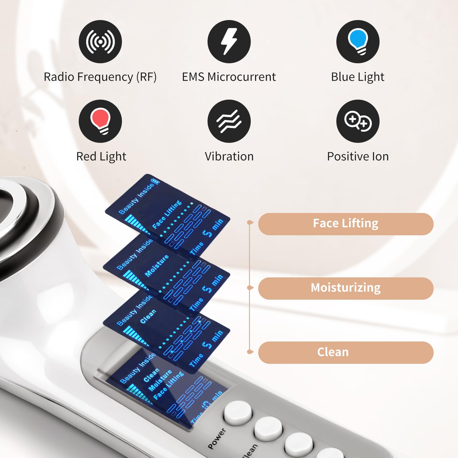 CARER BEAUTY Appareil Anti Rides Visage Appareil, 4 en 1 Dispositif de Beauté RF avec EMS Photothérapie Vibration Anti-rides et Anti-âge Soins du Visage pour les Femmes