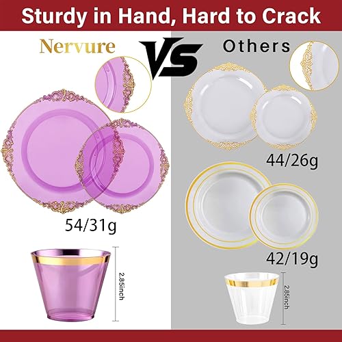 Miniatura 3 de Nervure 175 piezas de platos de plástico púrpura - Platos desechables de fiesta púrpura y dorado & servilletas preenrolladas con cubiertos para 25