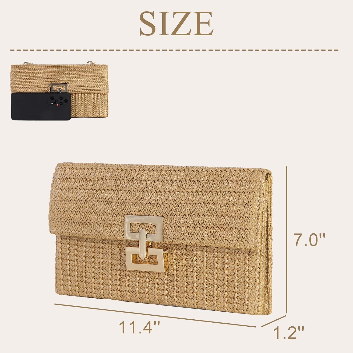 Straw Clutch Purses for Women Summer Beach Handbags Boho Vacation Woven Raffia Envelope Wallets Fold Over Rattan Hand Purse Chain Crossbody Shoulder Bag Evening, Khaki