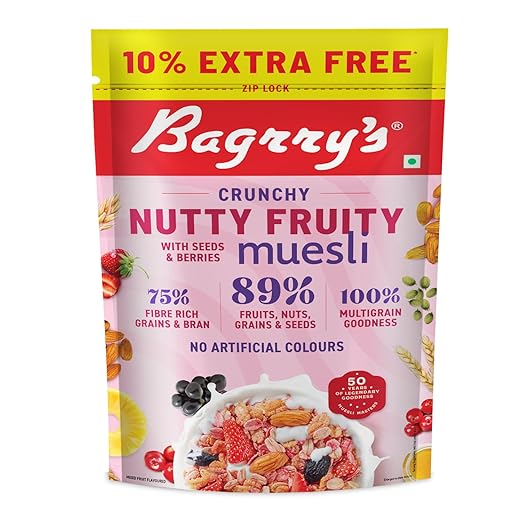 Bagrry's Crunchy Nutty Fruity Muesli with Seed & Berries 1.1kg Pouch| 89% Fruit, nuts,Grains & Seeds| No artificial colours