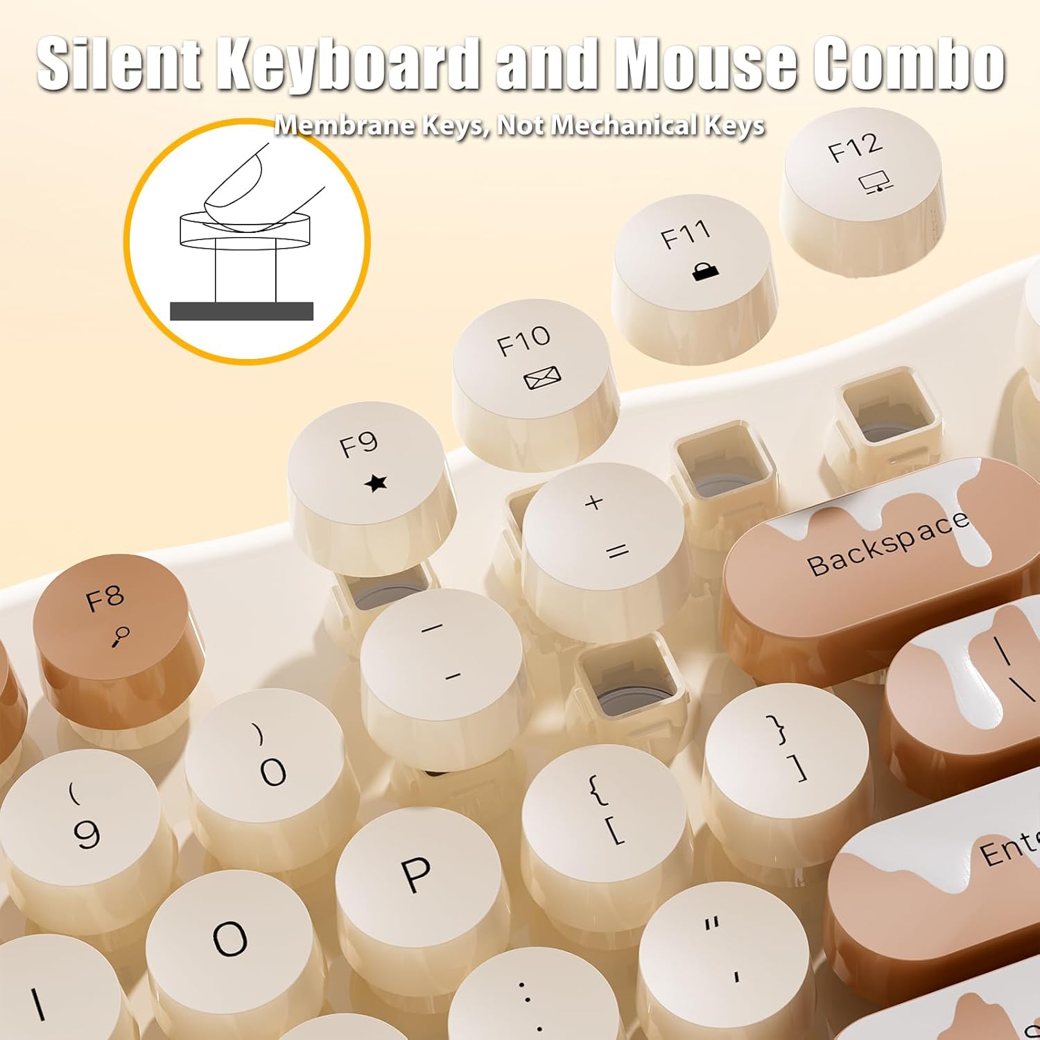Wireless Keyboard and Mouse Combo, 104-Key Membrane Keyboard Round Keycaps and 4-Key Optical Mouse Set for Win/Mac/PC/Laptop, Batteries Included, Ice Cream