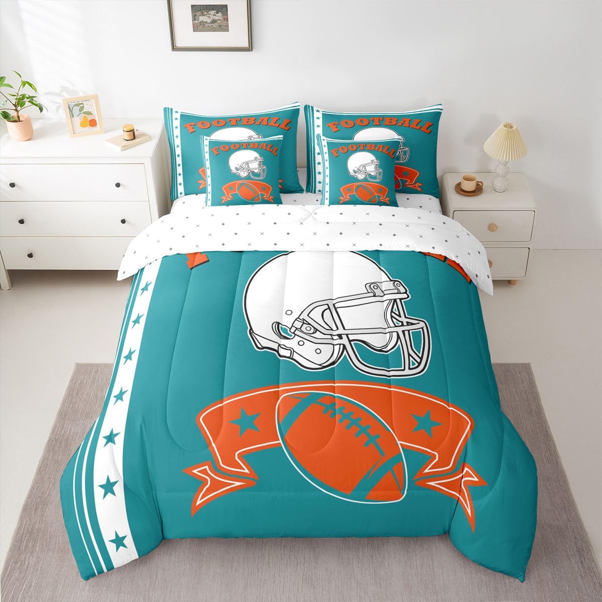 Miami Bettdecken-Set für Sportfans, Motiv: American Football Team, Delfin-Bettwäsche-Set für Sportfans, 1 Bettdecke, 1 Bettlaken, 1 Spannbetttuch, 2 Kissenbezüge, 2 Kissenbezüge (Miami)