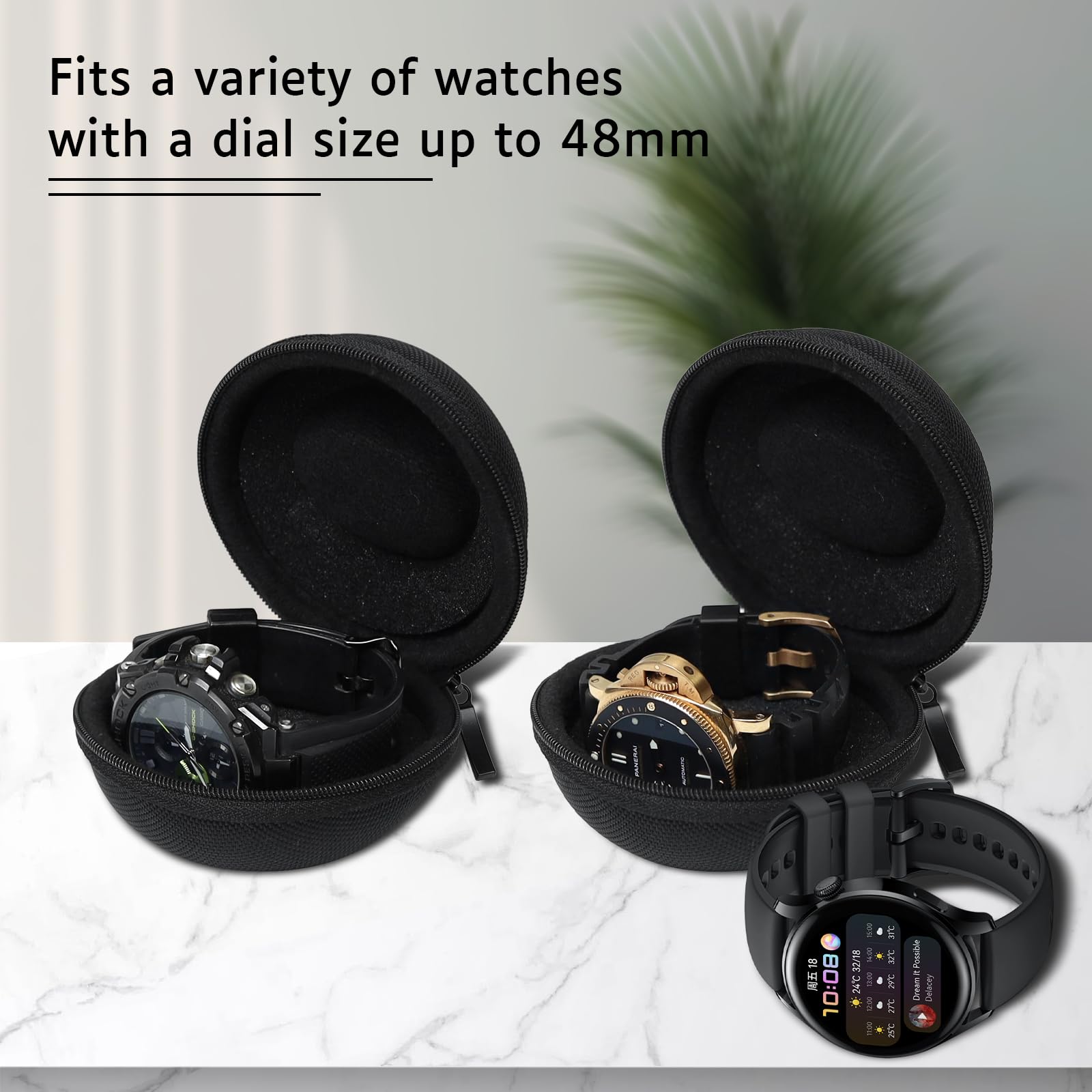 Uhrenreisetasche, 1 Schlitz, Aufbewahrungsbox für eine Uhr, passend für alle Armbanduhren und Smartwatches bis 50 mm (schwarz)