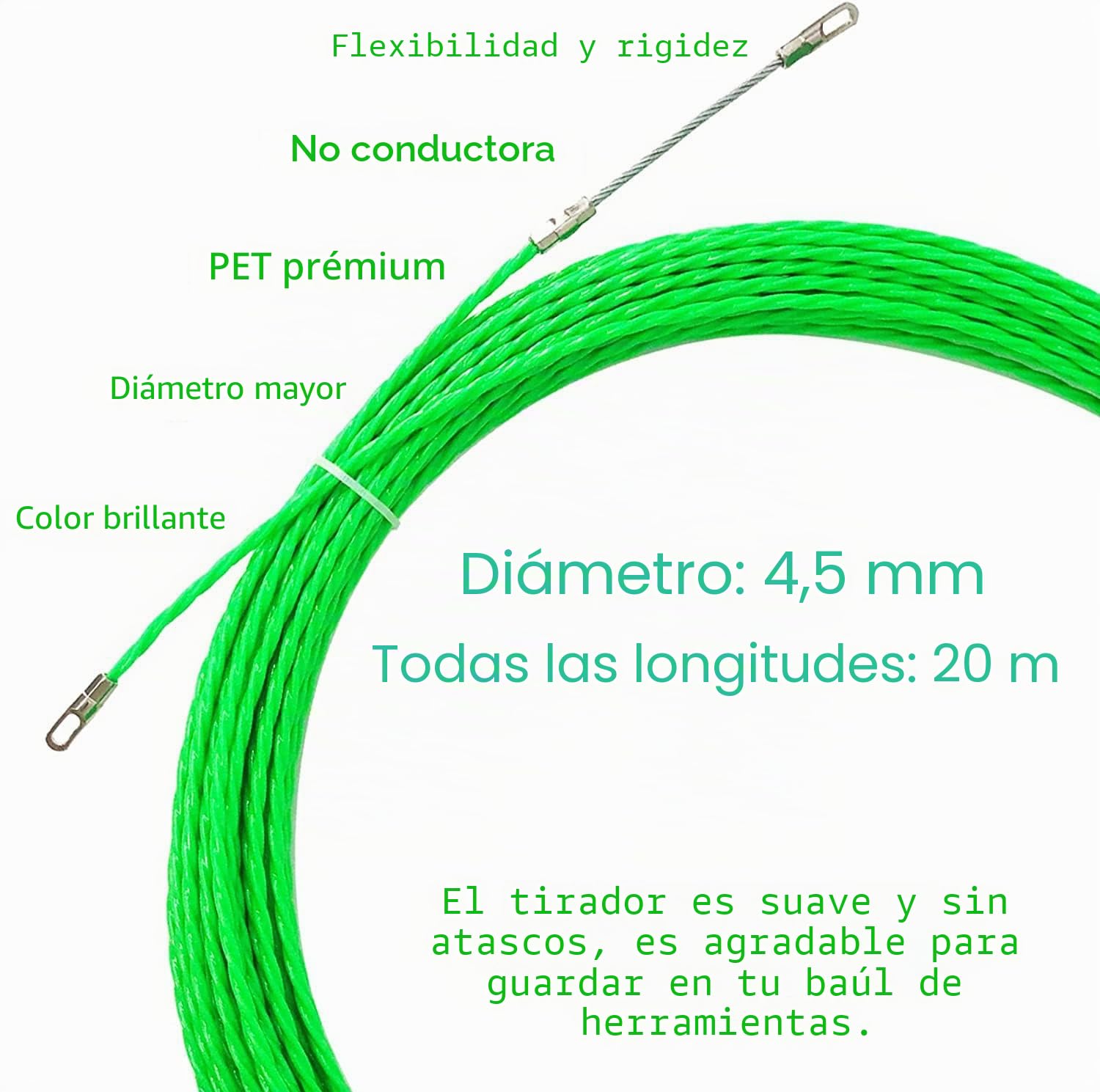 Guia Pasacables 20M, Enhebrador de Alambre Electrico Diámetro 4.5 mm, Guia Pasacables Dispositivo con 2 Muelle de Guía, Guia Pasacables Trenzada para la Colocación de Cables