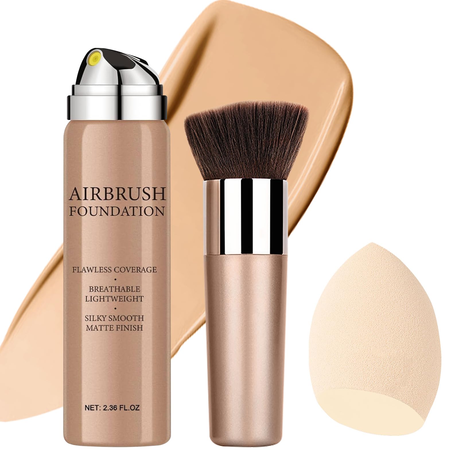 Airbrush Foundation Makeup Spray, Long Lasting Waterproof Full Coverage Foundation for Brighten, Concealer and Hydrating, Natural Matte Finish, Brush and Makeup Sponge Include, 2.36oz (#2 Beige)