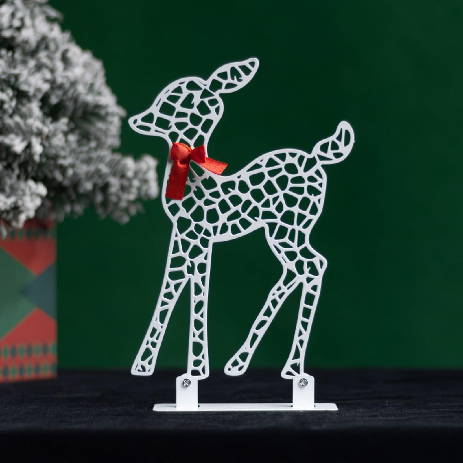 Beleuchtete Weihnachtsdekoration Hirsch, LED-Rentier-Familienset, warmweißes 3D-Rentier aus Eisen mit roten Schleifen und Glocken, Tischdekoration für drinnen und draußen, (Leuchtender Hirsch ‑01)