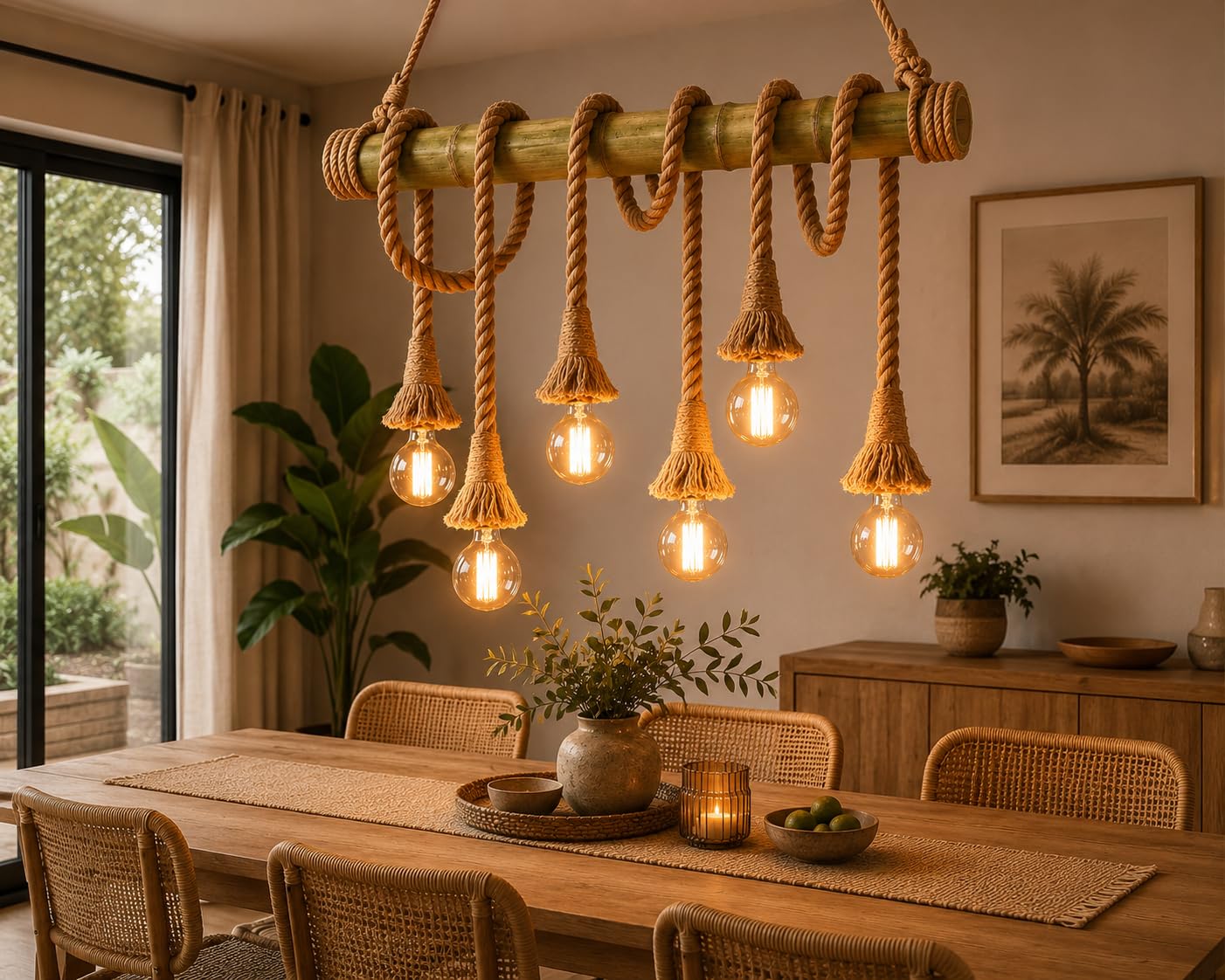 ONSSI® Lámpara Colgante de Bambú Natural,Lámpara de Techo Vintage Rústica con 6 Portalámparas E27,Diseño de Cuerda de Cáñamo Ajustable,para Comedor,Salón,Bar,Cafetería y Restaurante (Sin Bombillas)