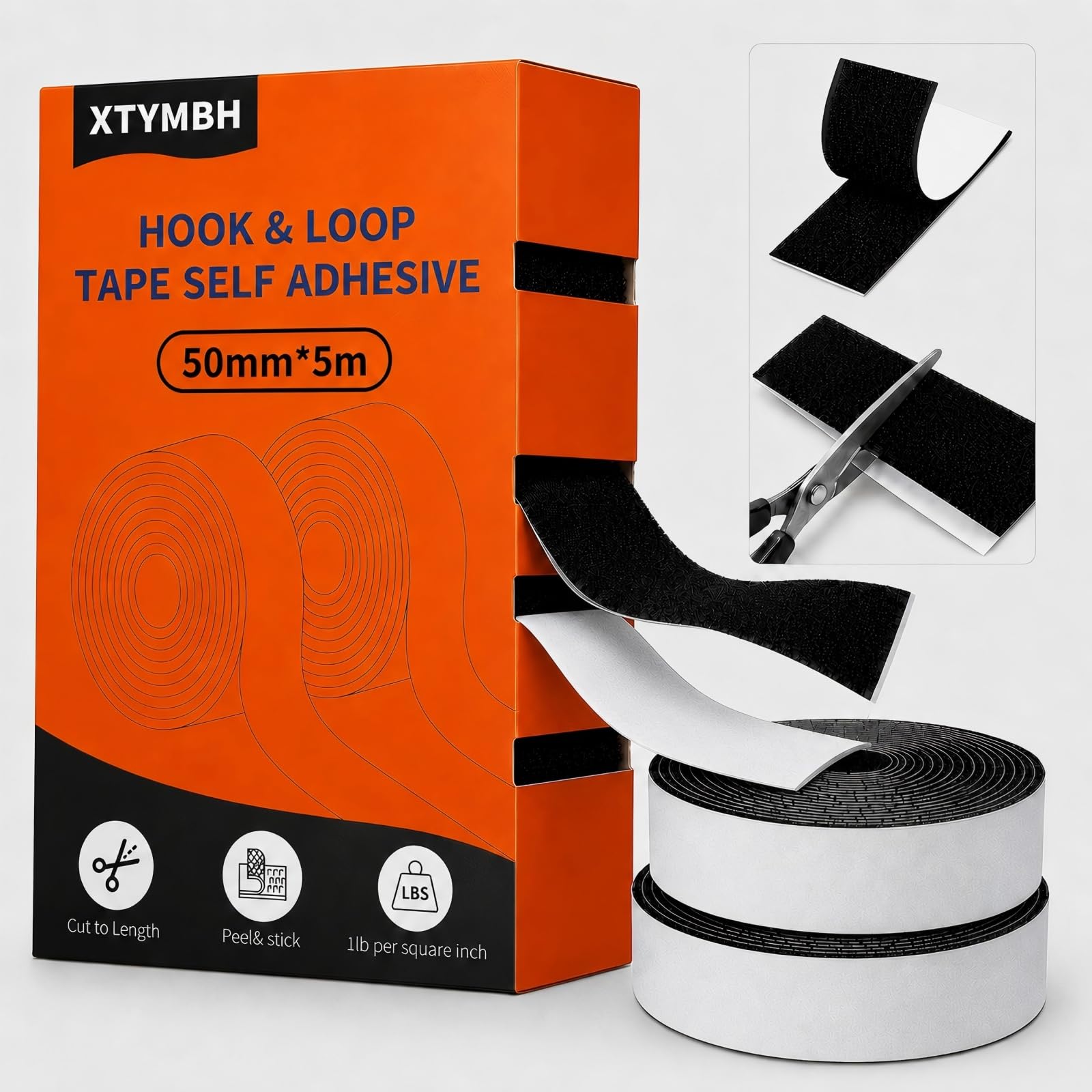 XTYMBH Hook and Loop Tape 50mm x 5m Multipurpose Extra Strong Self Adhesive Strips Heavy Duty Double Sided Sticky Back Roll for Home Office Carpet Sofa Picture Hanging Fabric Industrial Outdoor