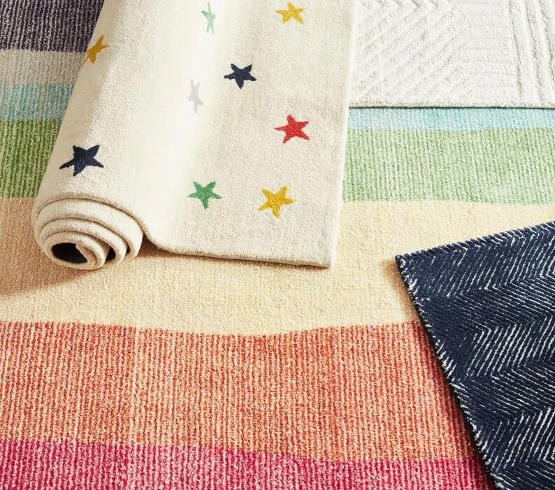 Hand Tufted Wool Area Rug, Colorful Star Pattern Kids Carpet, Soft Handmade Medium Pile Rug for Nursery, Playroom & Living Room, Available in Rectangle or Round Shape, 3x5 ft / 5 ft Round