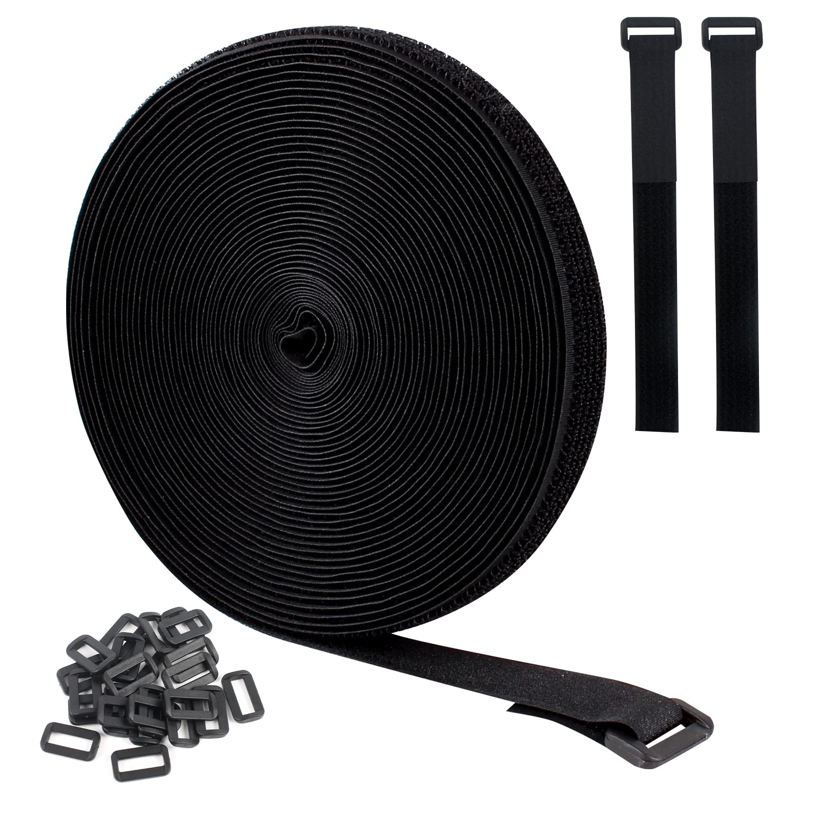 TamBee Cable Ties Straps Reusable Cable Ties Wire Organizer Adjustable Cable Cinch Strap Fastener with Hook and Loop Straps Cord Ties with 50 Buckles (32Ft x 0.8In, Black)