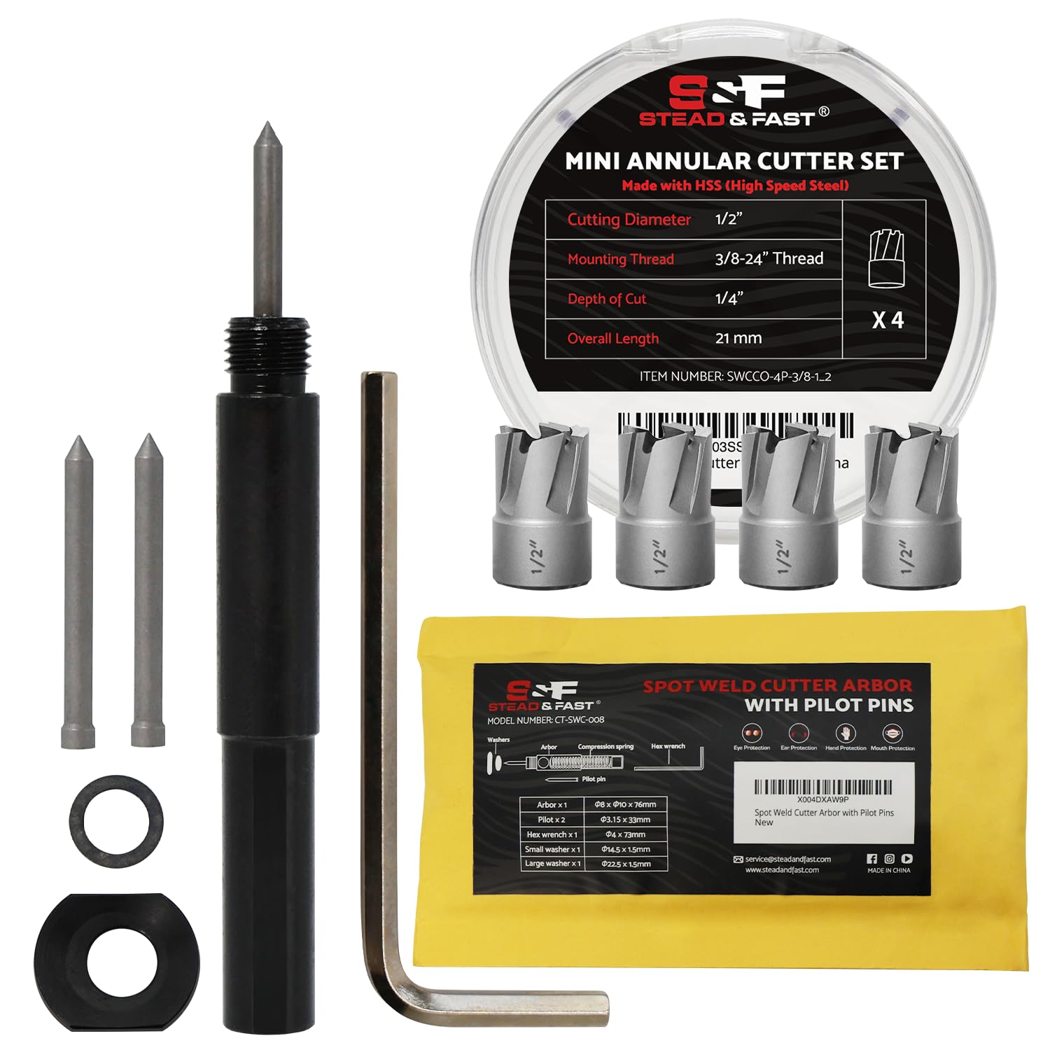 S&F STEAD & FAST Spot Weld Cutter 4-pc Pack, Cutting Diameter 1/2'', DOC 1/4'' + Arbor for Spot Weld Cutter Replacement Kit, 1 Arbor, 3 Pilot Pins, 2 Washers, 3 Hex Wrench