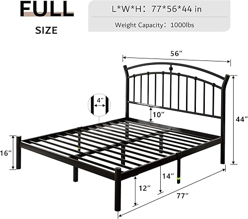 Miniatura 2 de iPormis Marco de cama de plataforma de metal de tamaño matrimonial con cabecera moderna de hierro artístico/soporte de listones de acero Negro