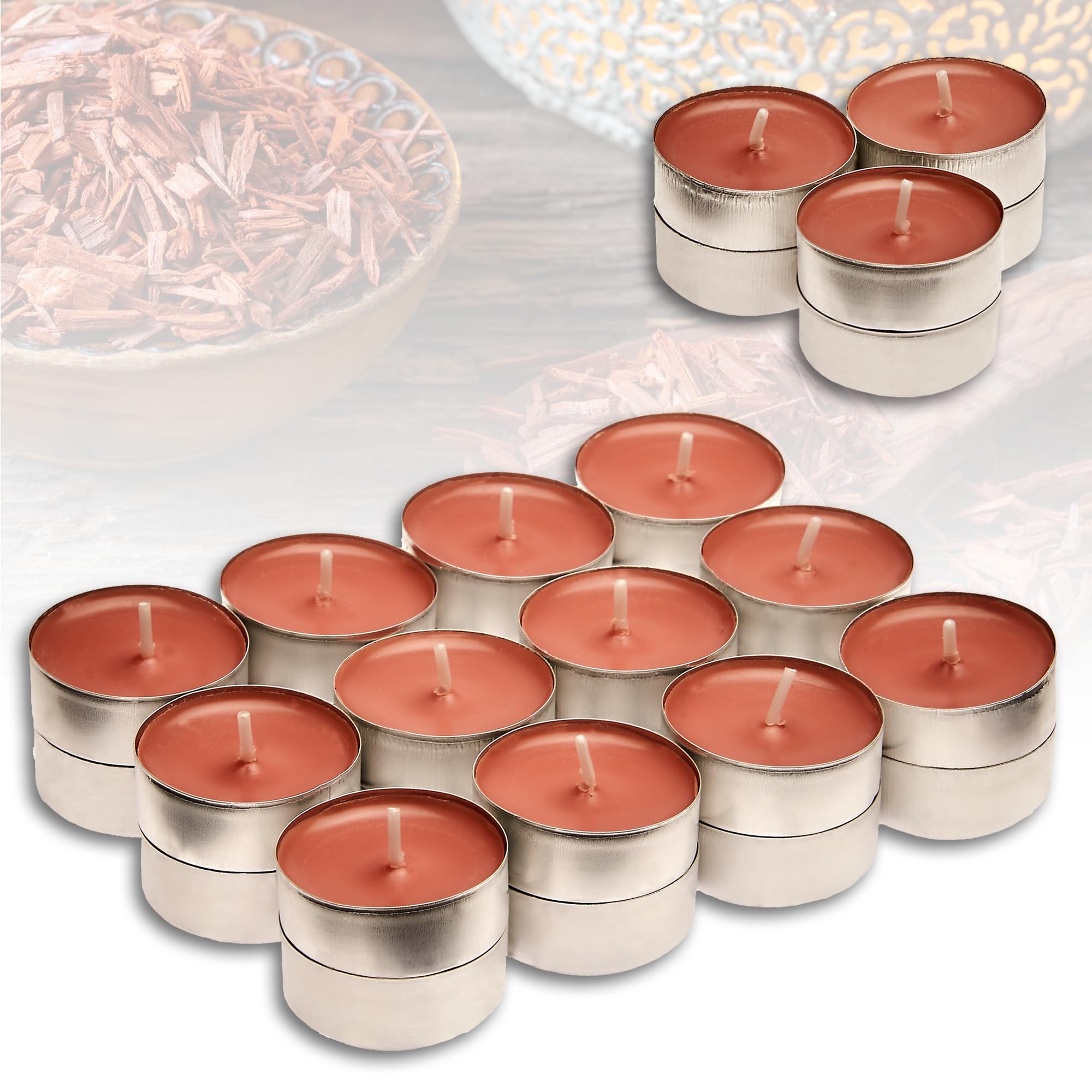 Candelo Juego de 24 velas perfumadas, velas aromáticas de sándalo, olor a madera, 4 horas de combustión, 3,6 x 1,4 cm, para otoño e invierno