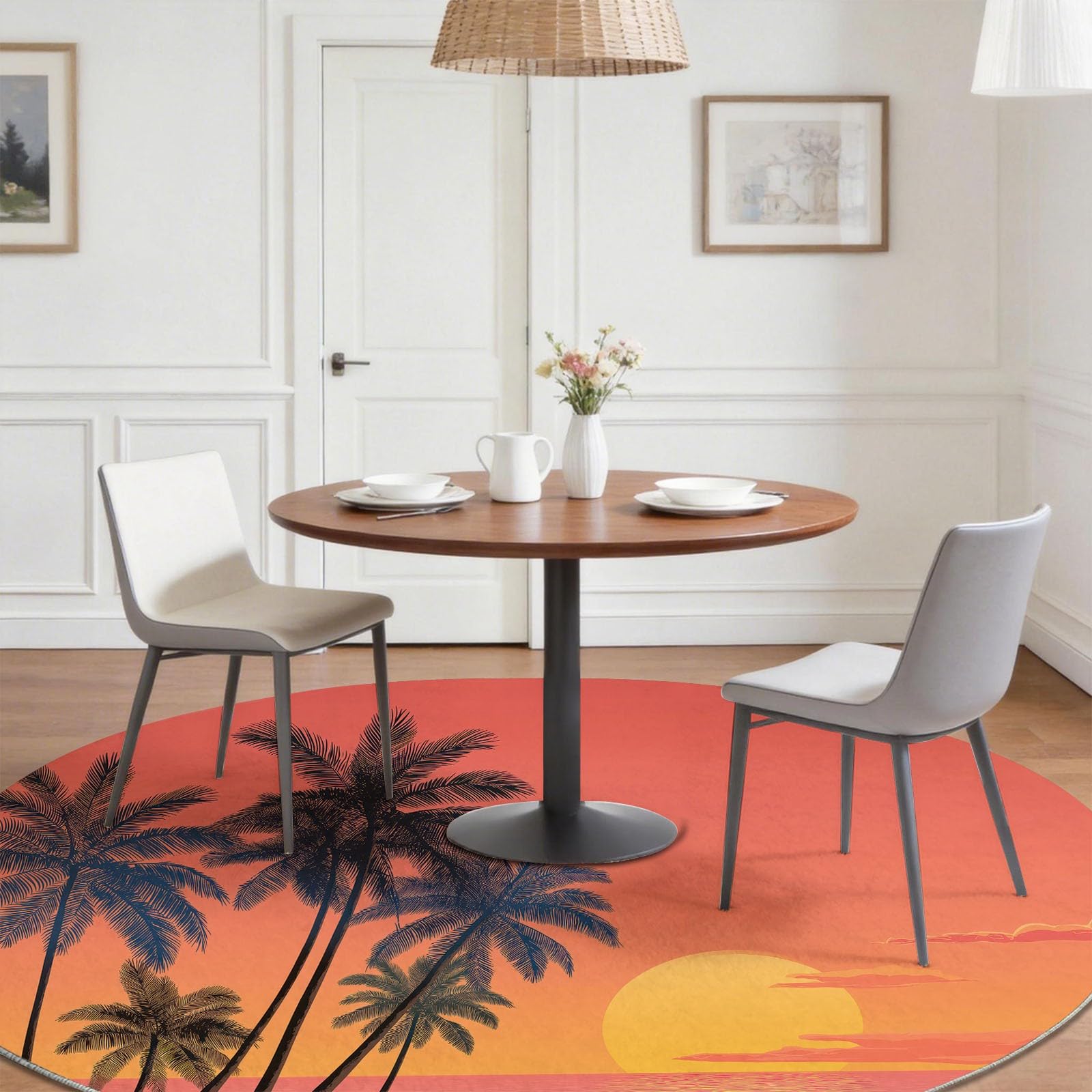 Teppich Rund 120 cm, Mehrfarbig Weich und Flauschig Teppich, Gegend Kreis rutschfest Waschbar Modern Strand Sonnenuntergang Palmen Bedruckt Bodenteppich für Wohnzimmer Schlafzimmer