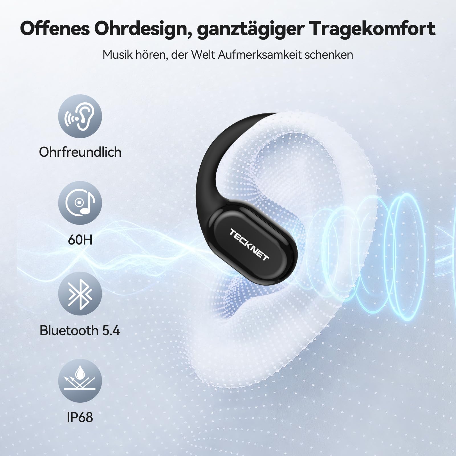 TECKNET Open-Ear Kopfhörer, Bluetooth Knochenschall Kopfhörer Kabellos, 60 Stunden Spielzeit und Schnellladung, IP68 Wasserdicht, Leicht Sport Kopfhörer Kabellose Mit Tragekoffer