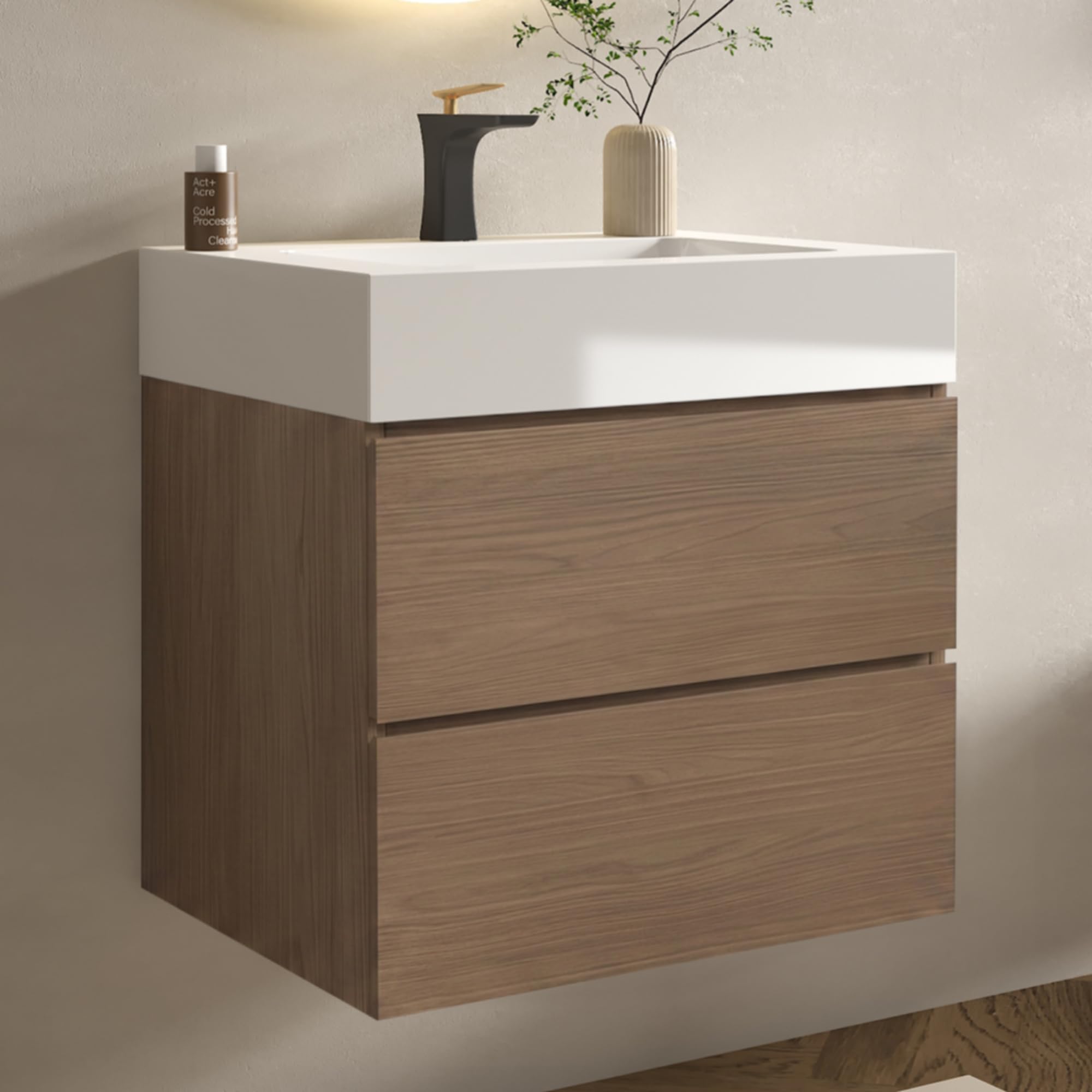 Pre-Assembled 24 Inch Bathroom Vanity with White Sink, Walnut Brown