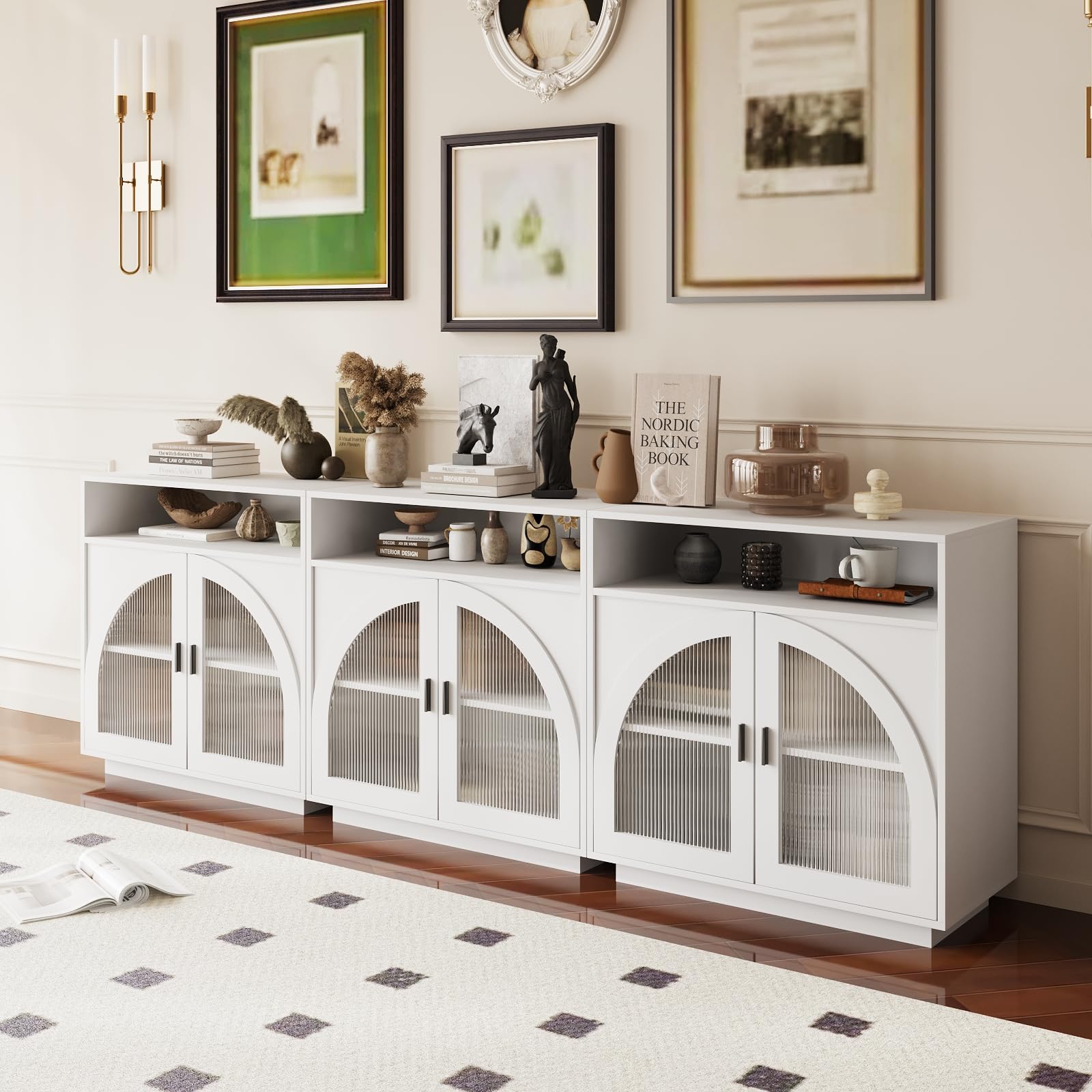 Sideboard Buffet Cabinet with Arched Acrylic Doors &amp; Storage(3, B-White)