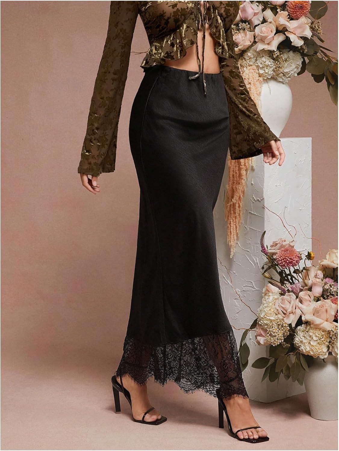 Floerns Women's Elegant Lace Maxi Skirt Low Rise Formal Wedding Guest Fishtail Skirt - Image 3