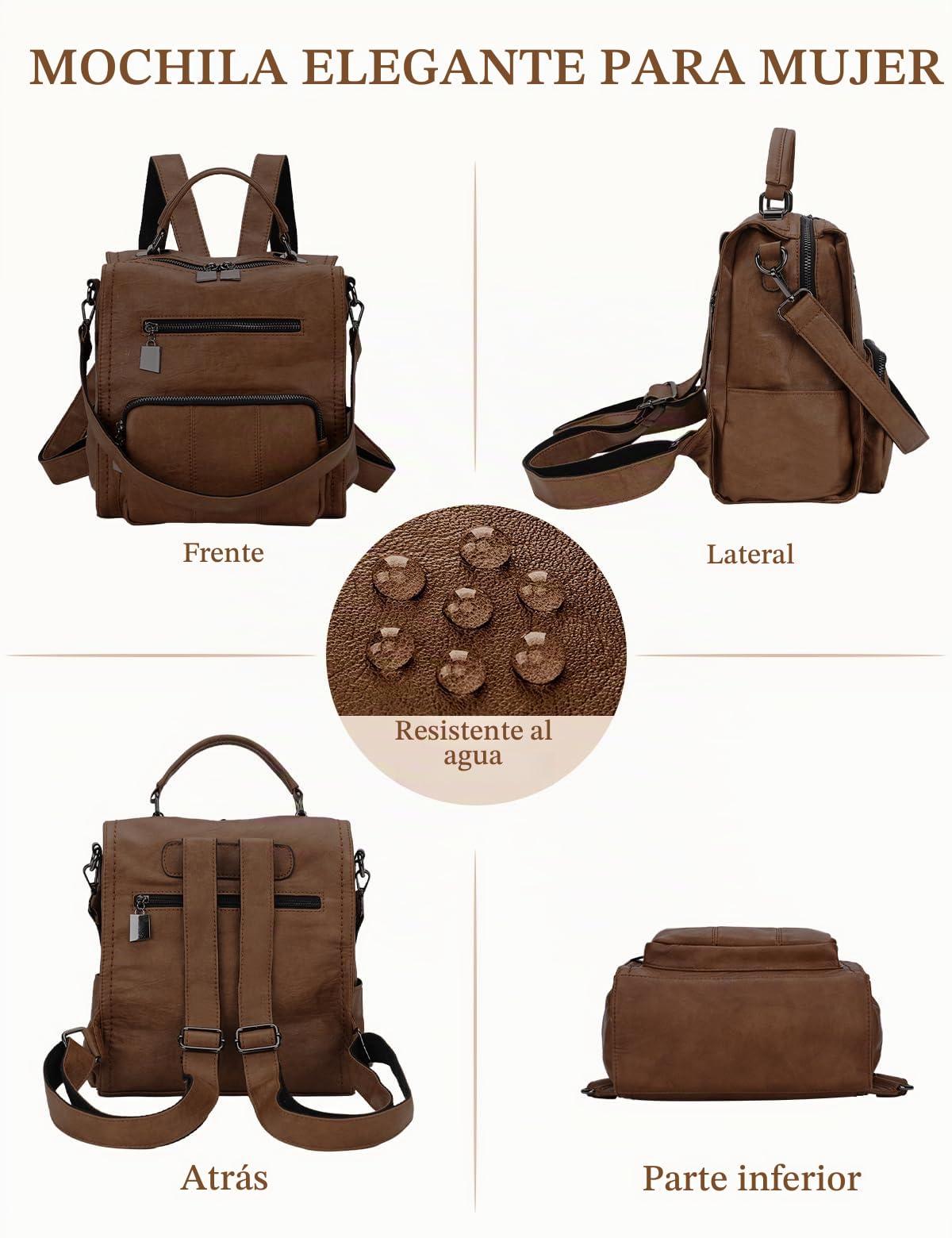 RAVUO Mochila Pequeña Mujer,Impermeable Bolso Mochila de Cuero Pu Mini Mochila Casual Bolso de Mano para Viaje Escolar,Marrón