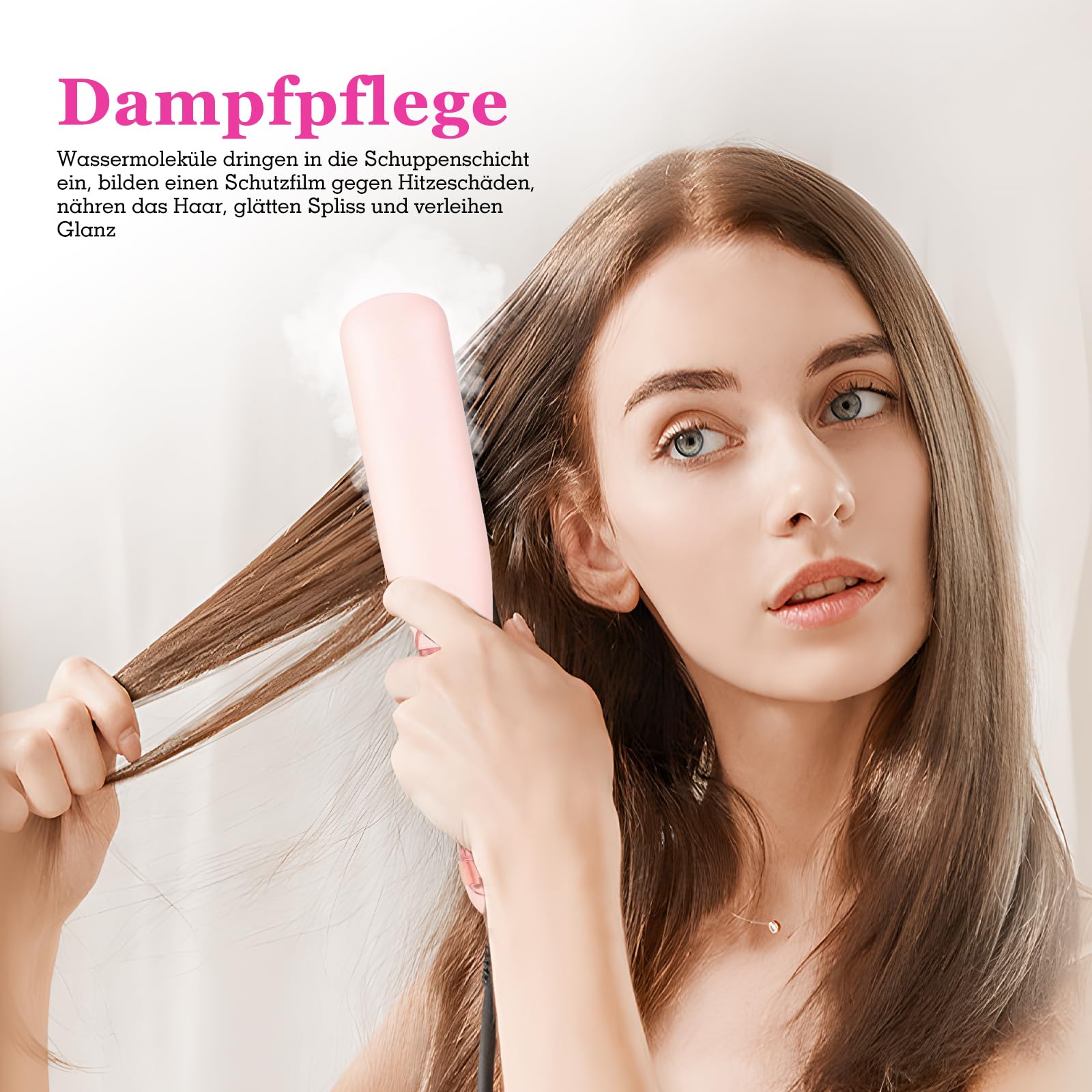 Dampf-Glättbürste mit Dampf Pflege, 30s Aufheizen, 30min Auto-Aus (Rosa) | Tiefe Dampfpflege, 4 Temp. (150°C–210°C), inkl. Aufbewahrungstasche, hitzebeständigen Handschuhen und Reinigungsbürste