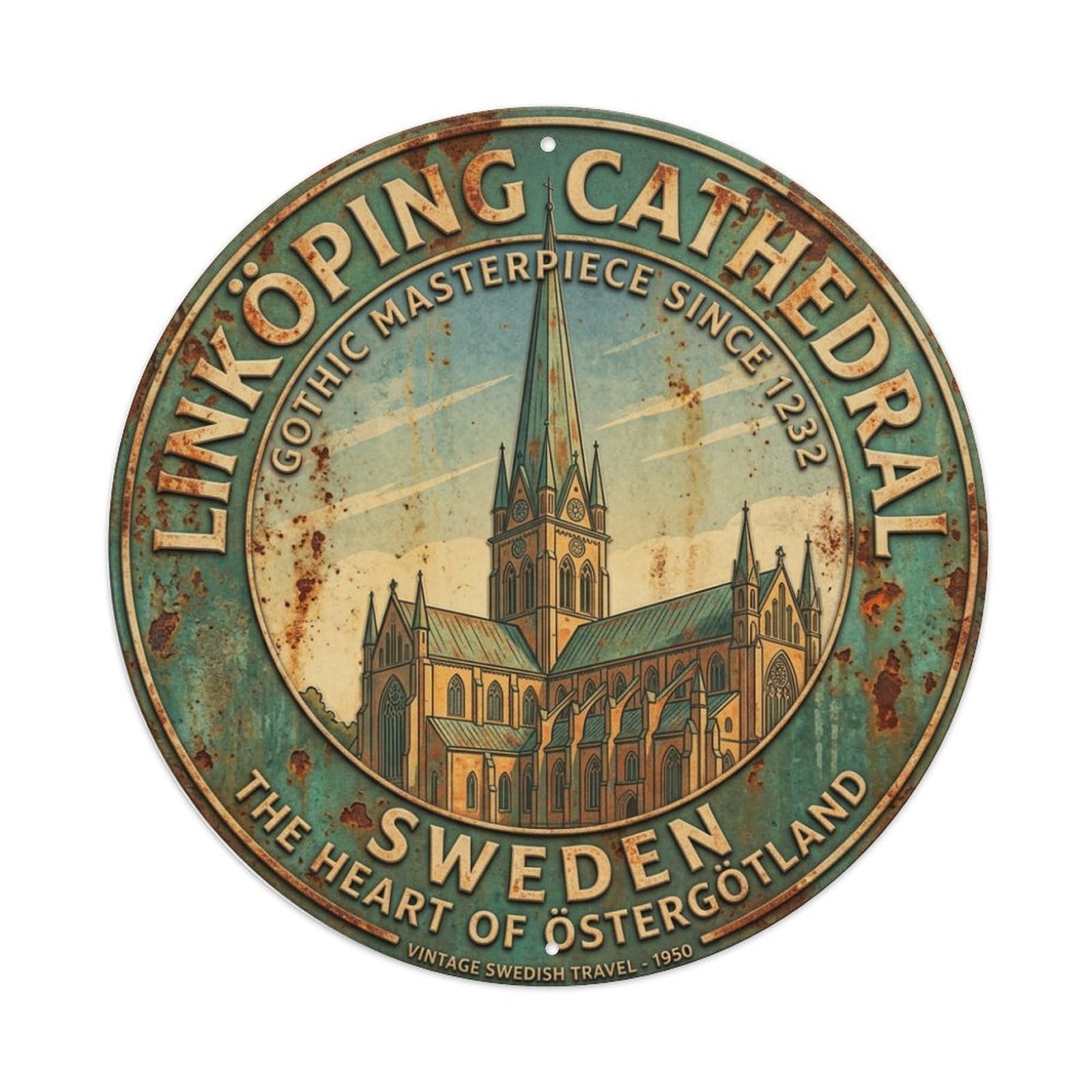 Vintage Travel Linkoping Sweden Cathedral Metal Tin Sign