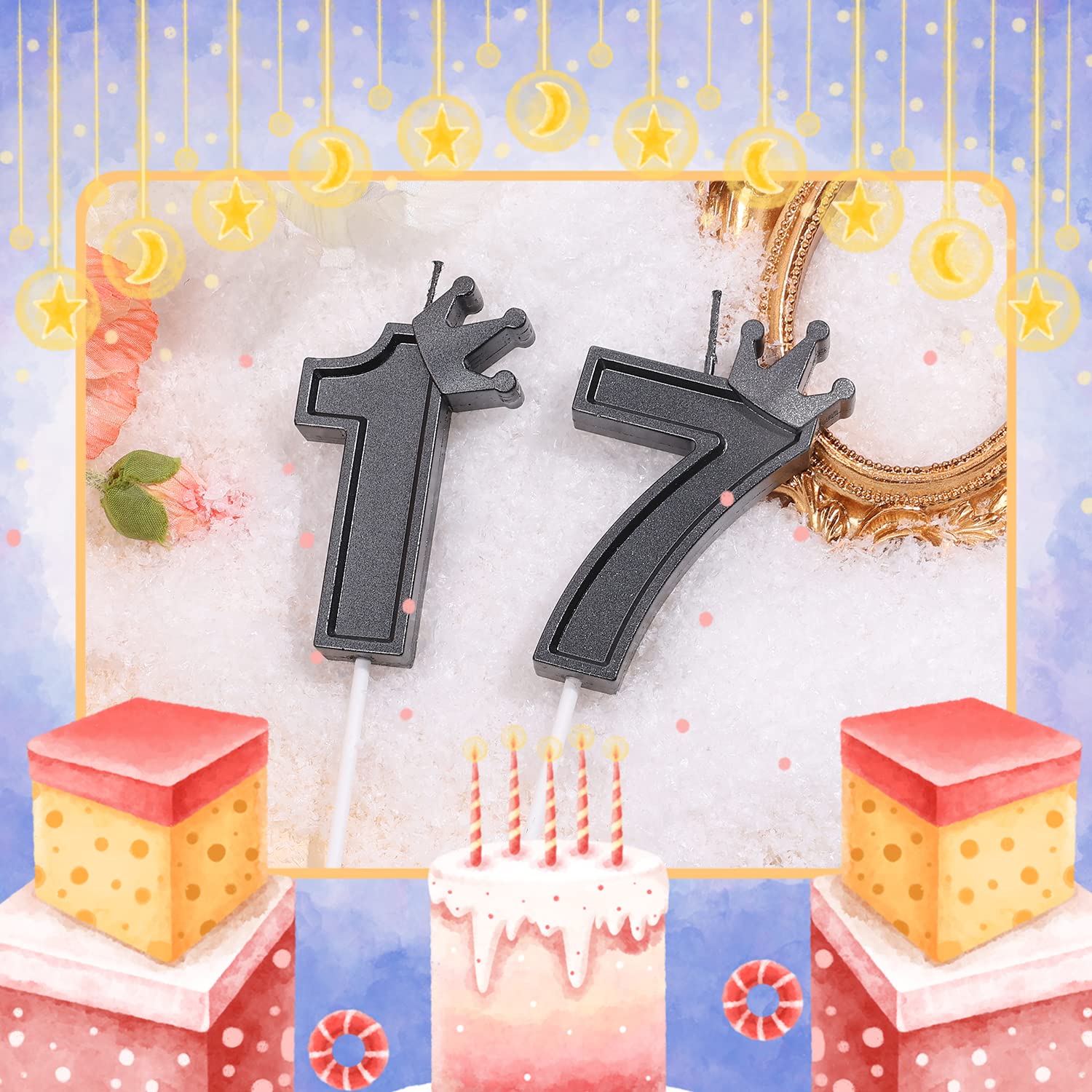 7,6cm Candele Numeri Torta, Candele di Compleanno Numero con Corona Nero Candela Principessa Candele a Forma di Numero per Compleanno Anniversario Feste (Numero 5