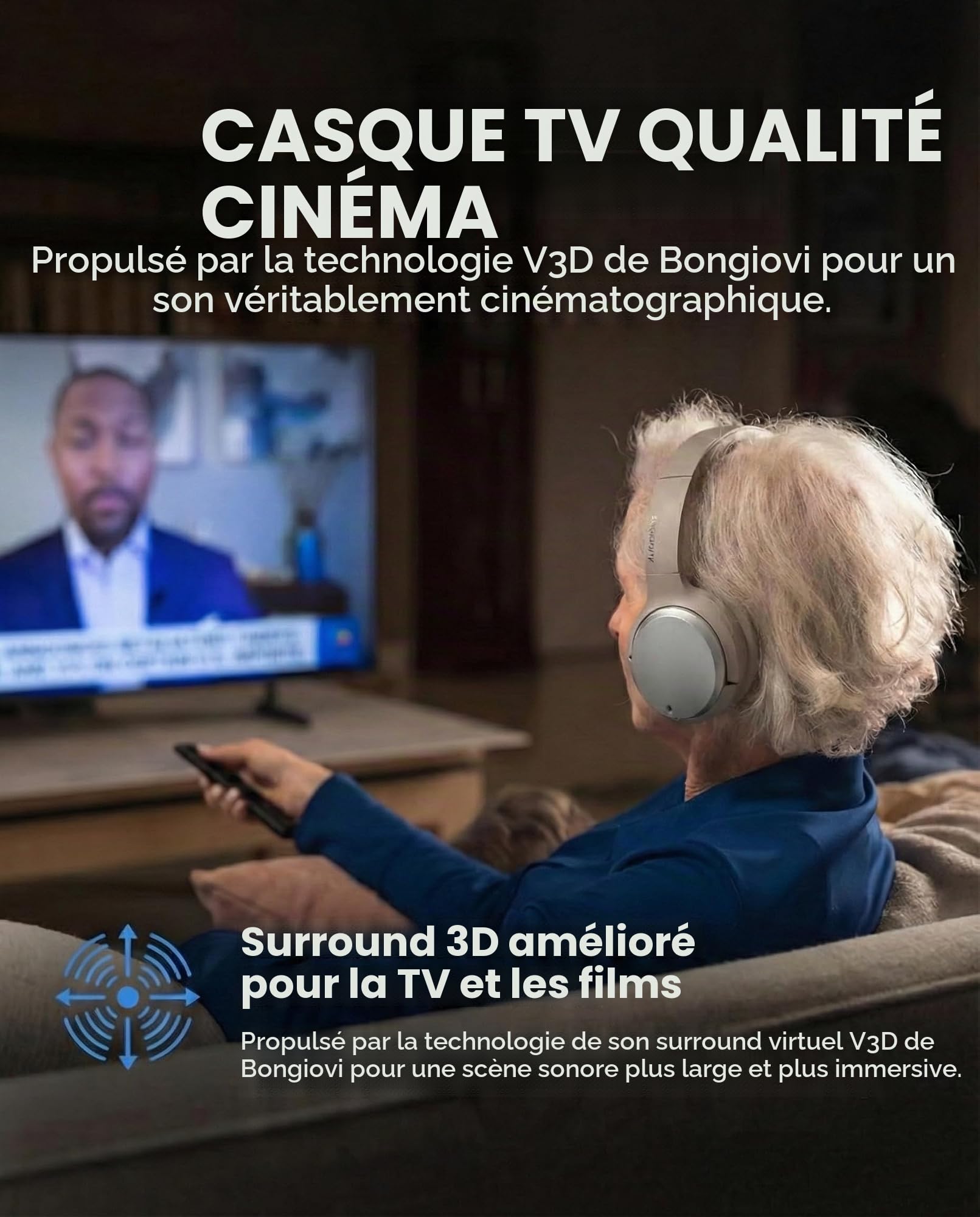 Avantree Crescendo 3D – Casque TV sans Fil Television avec Son Surround 3D, Mode Cinéma, Station Émetteur et Recharge avec HDMI Arc Passthrough pour Barre de Son, 60 h, Batterie Remplaçable