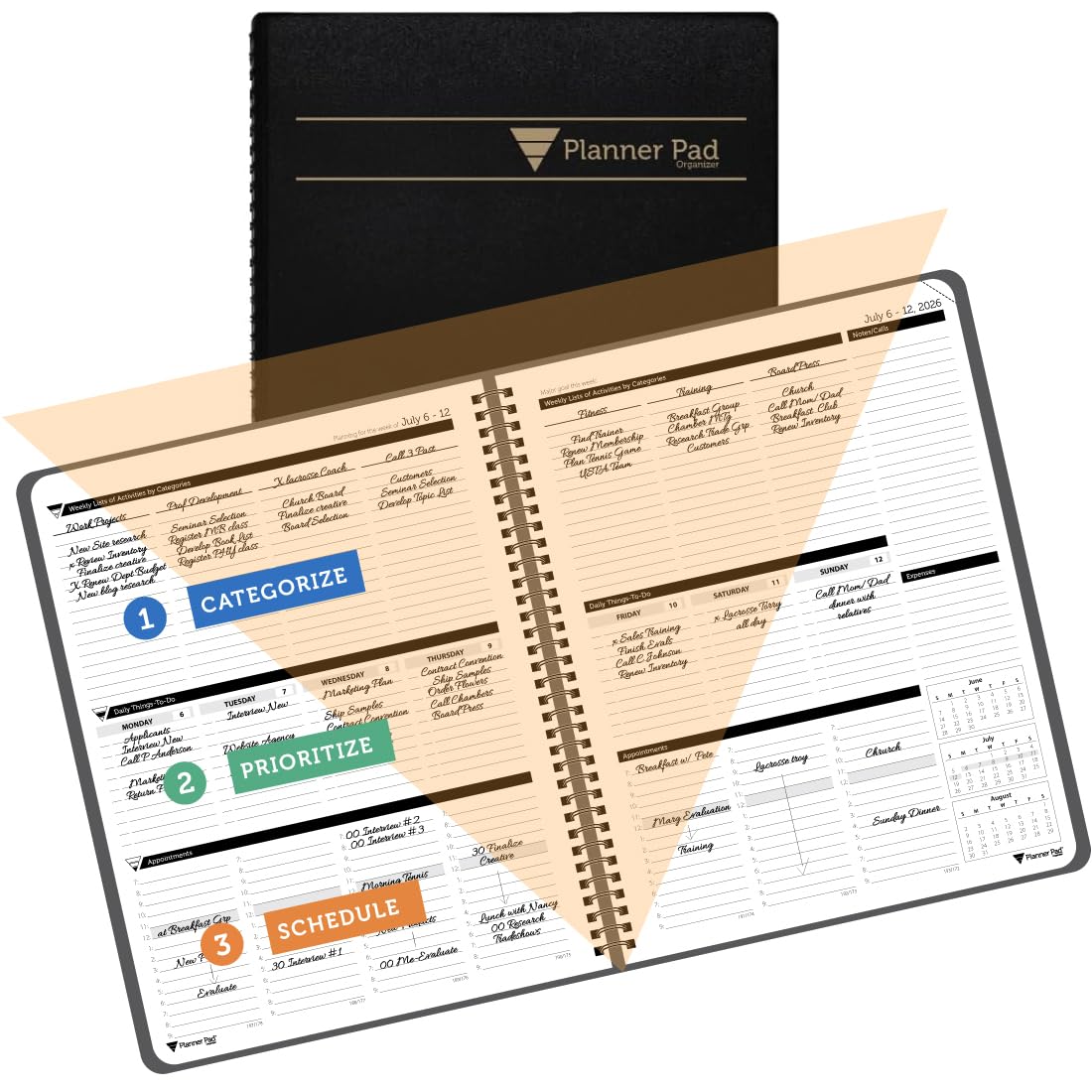 Planner Pad Spiral Bound 3-Tier Funnel Down 12 Month Large Size Organizer, July 2026 – June 2027 / Academic Year, Black Cover/Black Ink, 8 1/2" x 11"