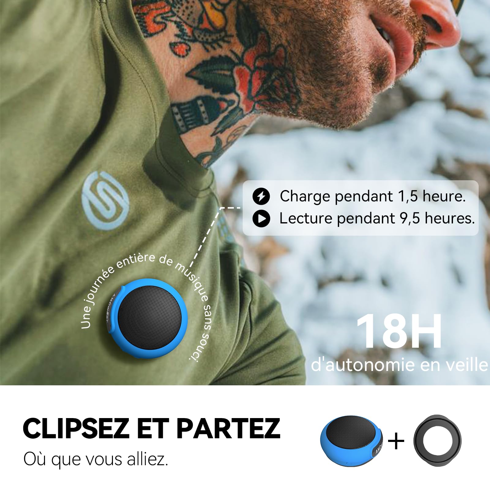 ANCwear Enceinte Bluetooth 5.4 à Porter avec Clip, Bracelet et Accroche