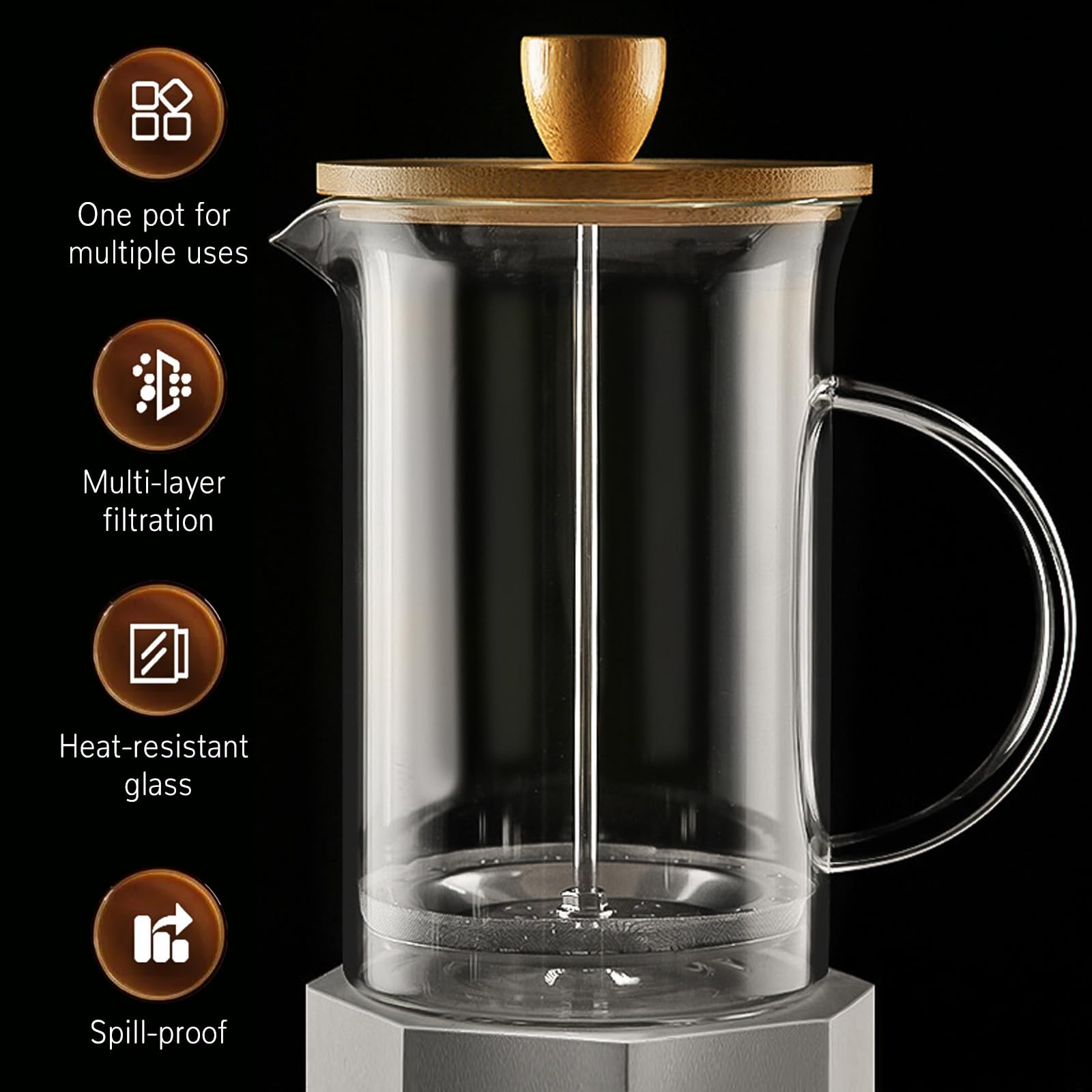 Caffettiera Francese Aipeeo In Vetro 600ml - Con Filtro Acciaio, Per Caff&egrave; E Infusi Freddi