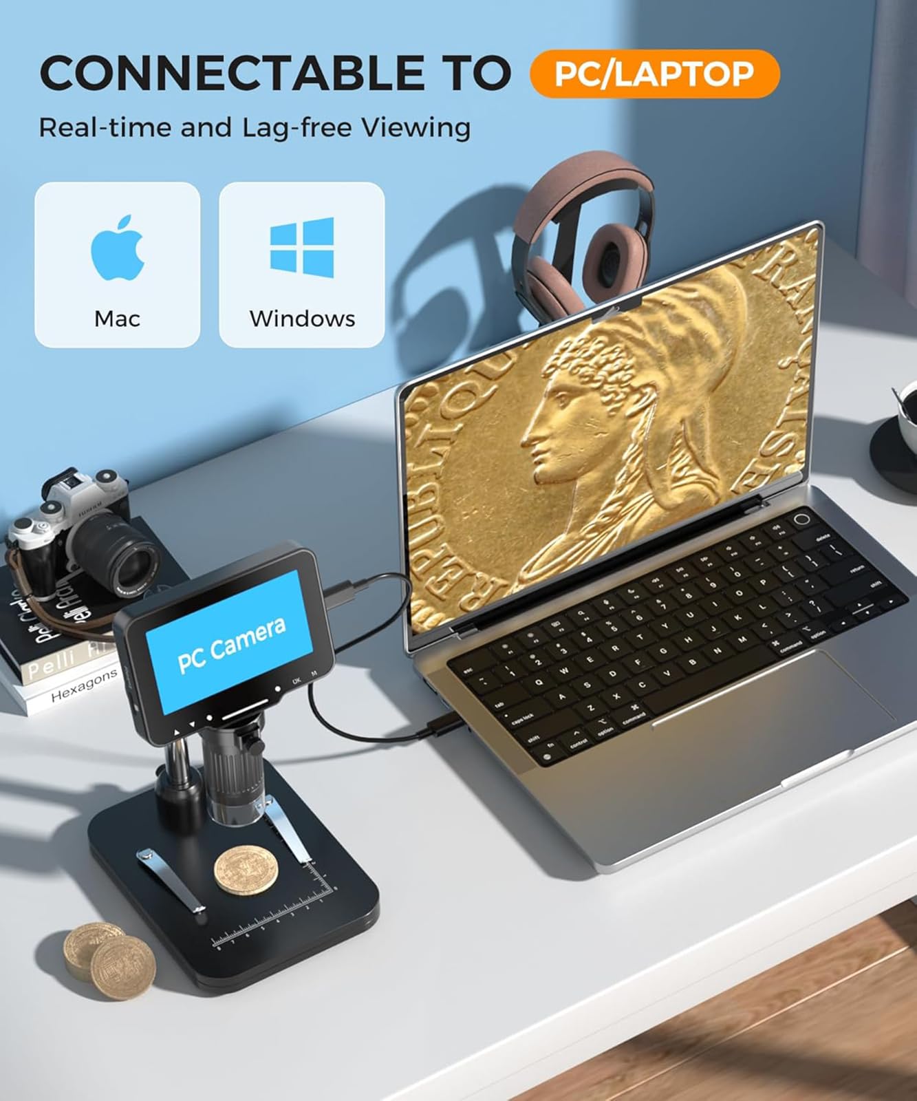 Microscopio digitale a moneta con schermo da 7 pollici, connessione USB per visualizzazione PC, alto ingrandimento 1080p, per adulti e collezionisti