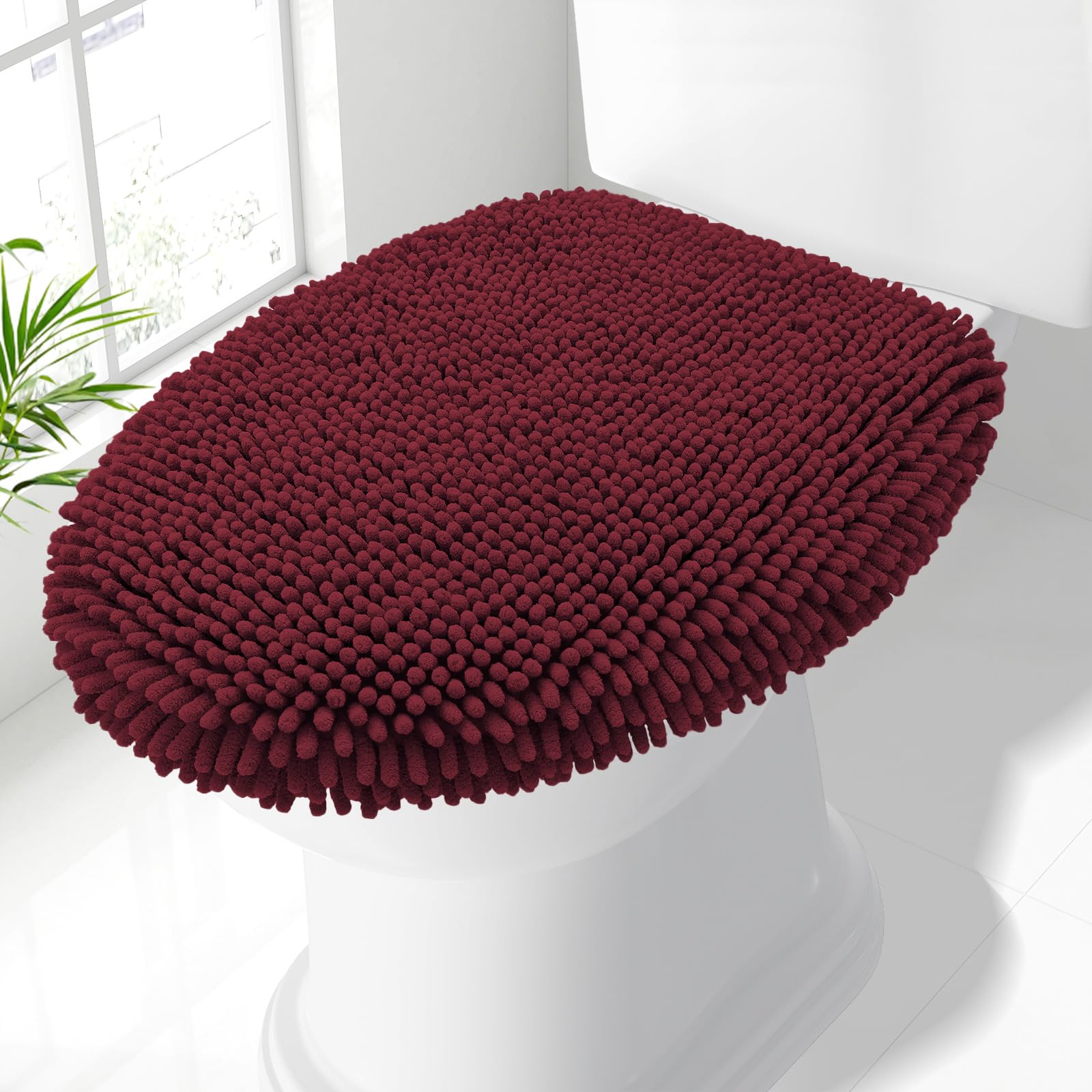 Smiry Soft Chenille Bathroom Toilet Lid Cover 17.5x15, Burgundy