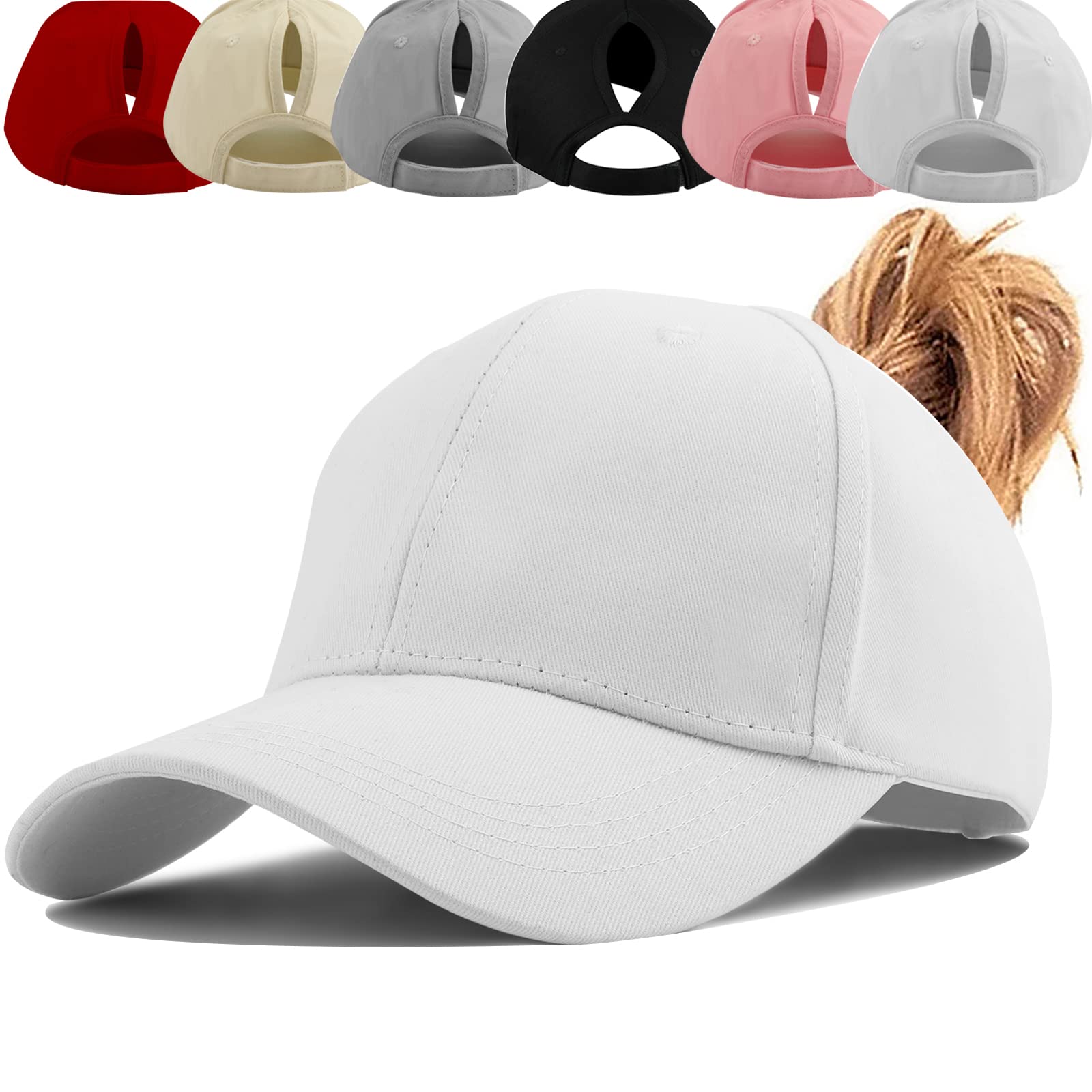 Baynetin Women's White Ponytail Hat Baseball Cap,Unisex Adjustable High Messy Bun Ponycap,Classic Solid Color Outdoor Hats With Pony Hole Loop (White)