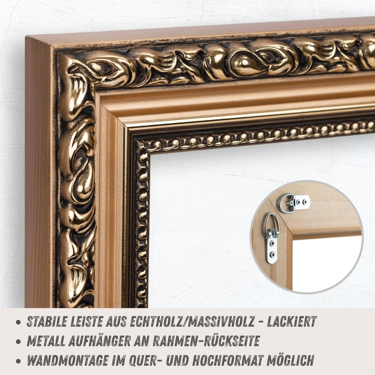 N°71 Barock Bilderrahmen 20x20 cm Bildmaß, Bronze, Massivholz | breite Echtholz-Profilleiste, Acrylglas glasklar & bruchsicher, Vintage-Stil, HDF-Rückwand, Metallaufhänger, handgefertigt