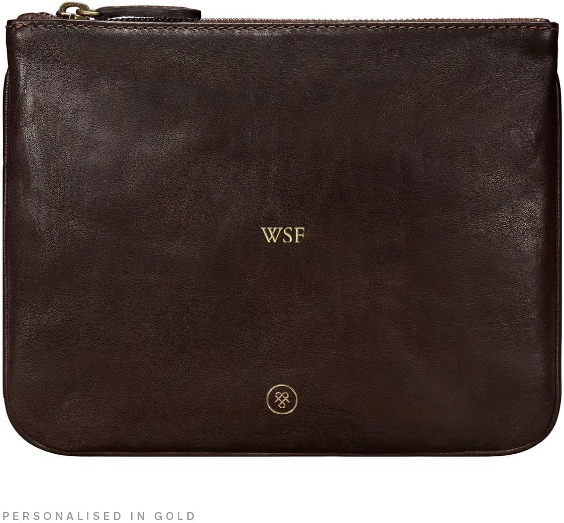 Maxwell Scott - Personalized Womens Luxury Designer Leather Flat Makeup Bag Purse - The Zeta - Dark Brown