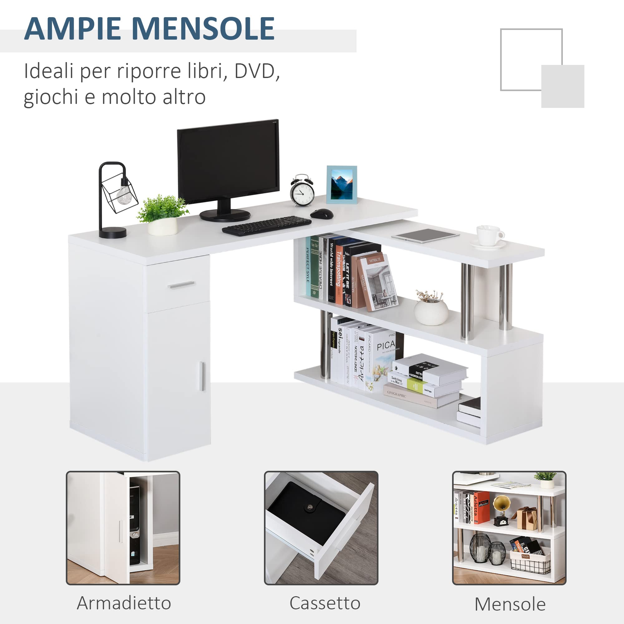 HOMCOM Scrivania Angolare con Cassetto, Armadietto e Mensole, Bianco | Moderna, in Legno, Arredamento per Ufficio e Casa