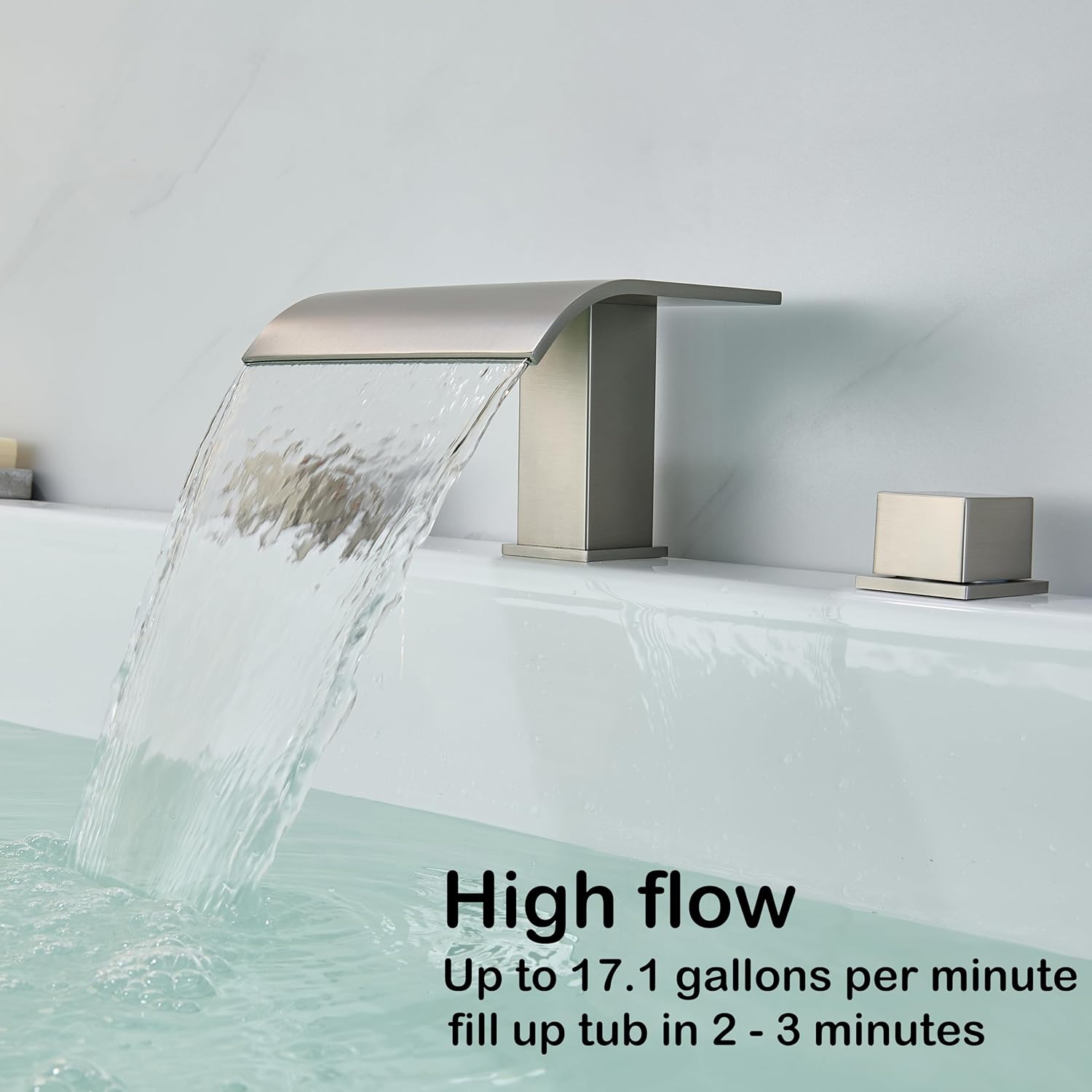 High Flow Deck Mount Tub Faucet Brushed Nickel with Valve 2-Handle Widespread Roman Tub Filler Deck Mounted Bthtub Faucet LLGG Waterfall with Hot & Cold Supply Lines RIGOBAL